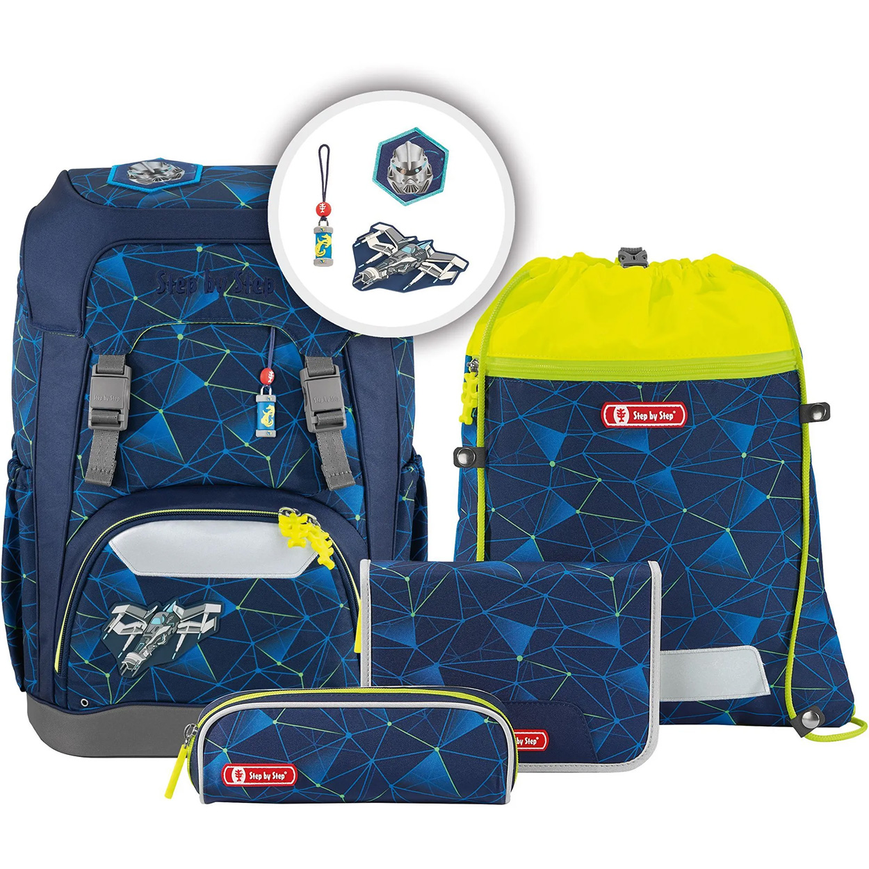 Blaues Schultaschen-Set mit zusätzlichen Artikeln. Enthält Rucksack, Federmäppchen und Tasche.