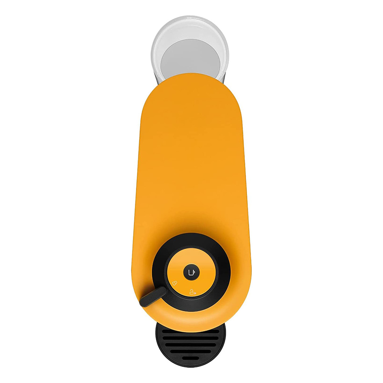 Eine orangefarbene Nespresso-Kaffeemaschine mit einem schwarzen Drehknopf und einem kleinen Tassenhalter.