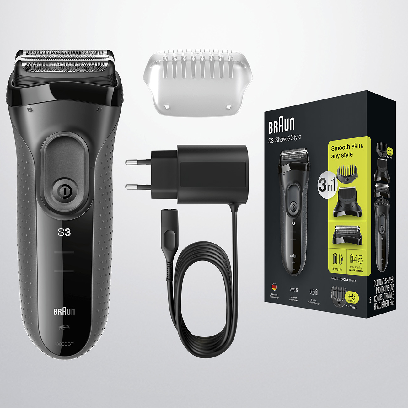 Afeitadora - BRAUN 3000BT, 1 h, 5 peines de 1 a 7 mm,, Gris