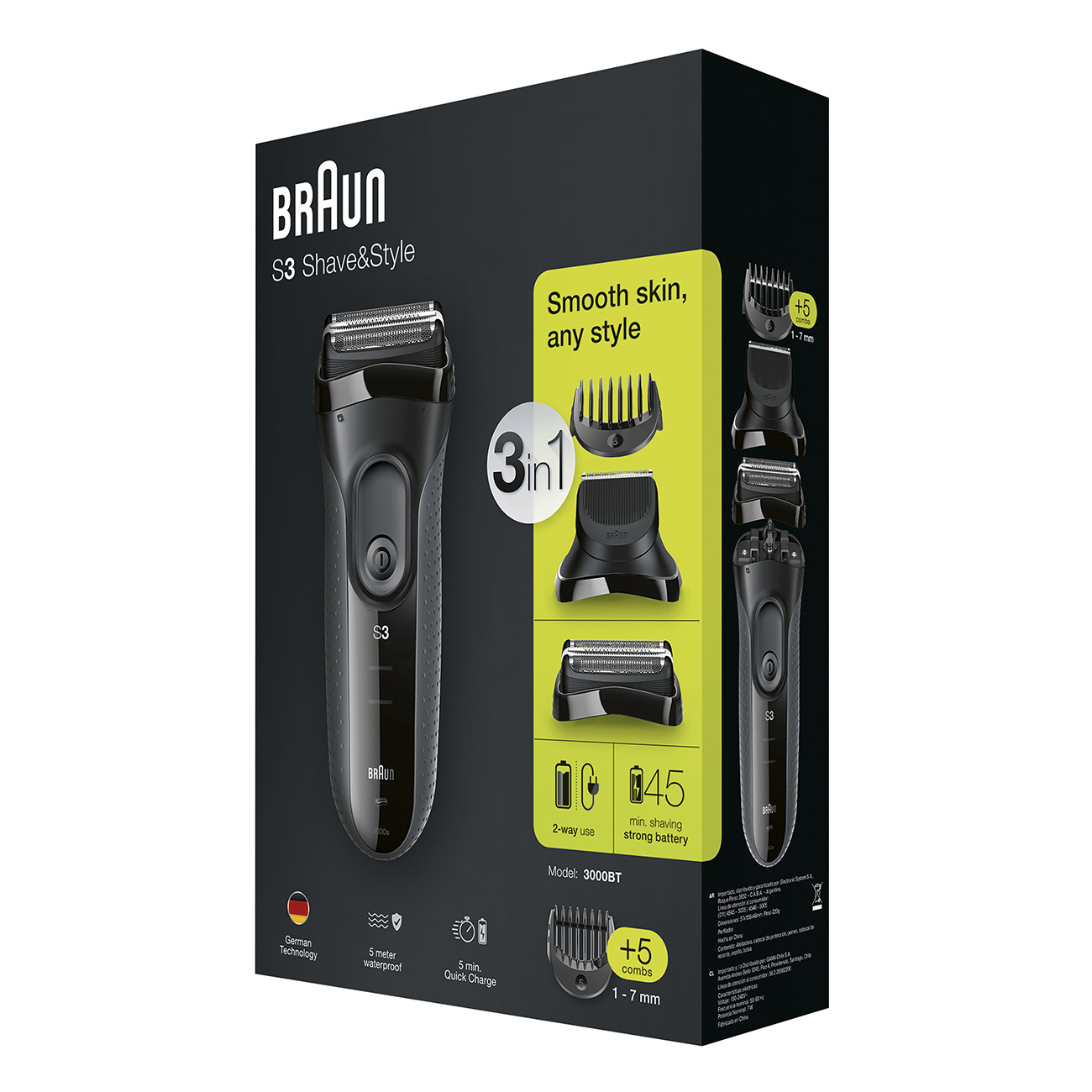 Afeitadora - BRAUN 3000BT, 1 h, 5 peines de 1 a 7 mm,, Gris