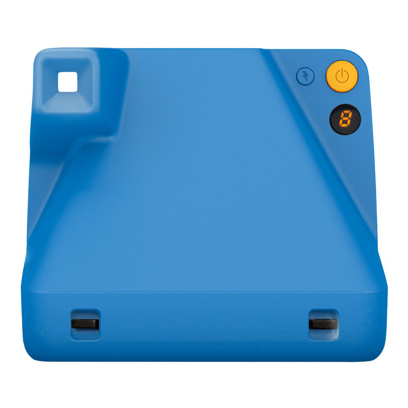 Niebieski aparat Polaroid, widok z góry, z przyciskiem zasilania.