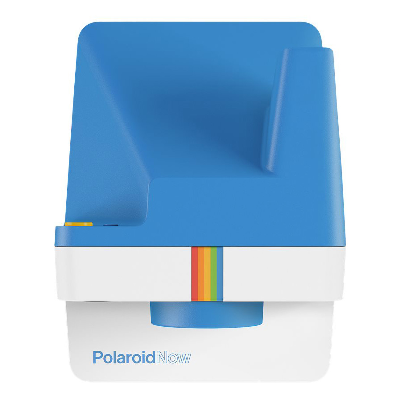 Niebiesko-biały aparat Polaroid Now z tęczowym paskiem. Białe tło.