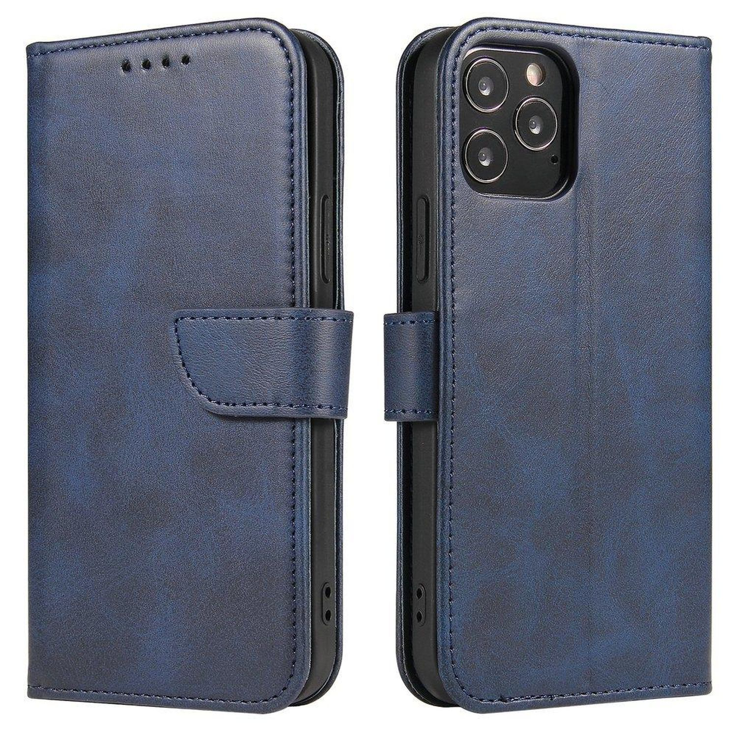 Custodia a portafoglio per iPhone blu scuro. Mostra il telefono nella custodia.