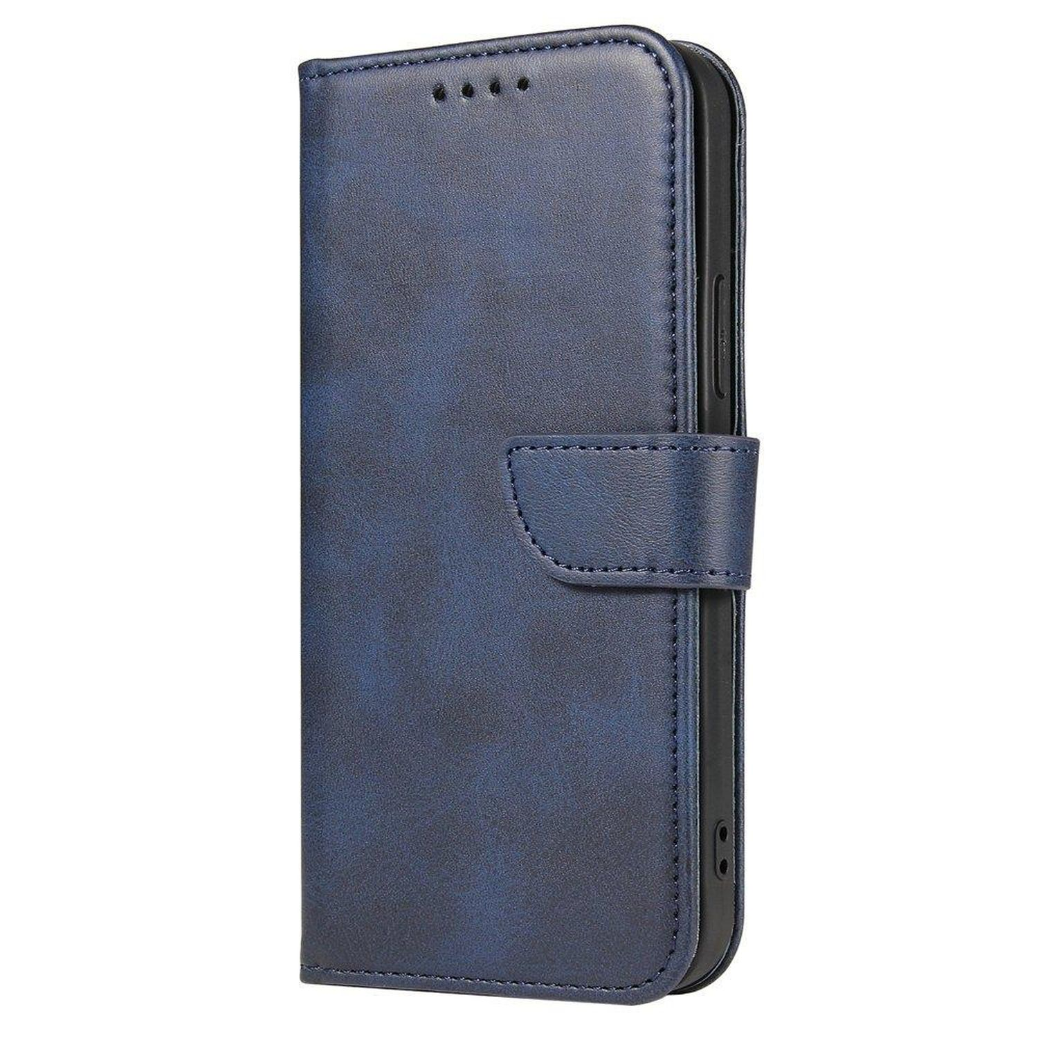 Una custodia per telefono in pelle blu con chiusura magnetica, chiusa, con un telefono all'interno.
