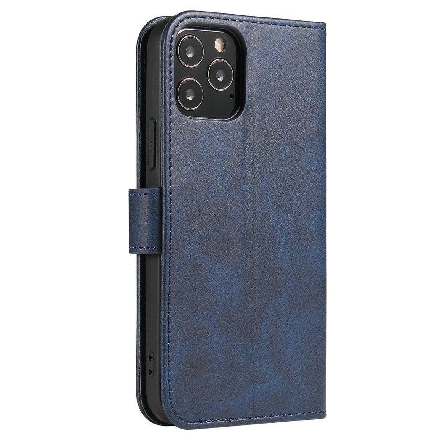 Una custodia per telefono blu con chiusura magnetica. La custodia è chiusa.