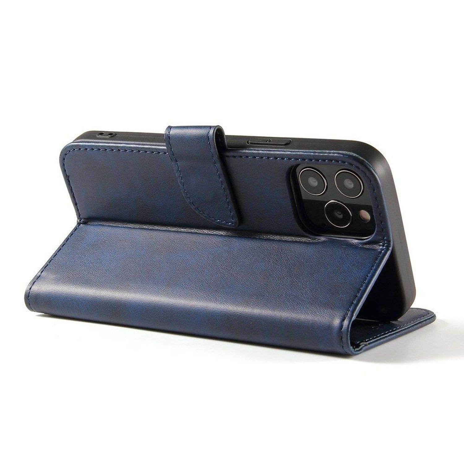 Custodia blu per telefono, aperta, con telefono all'interno. Il telefono ha tre fotocamere. Sfondo bianco.
