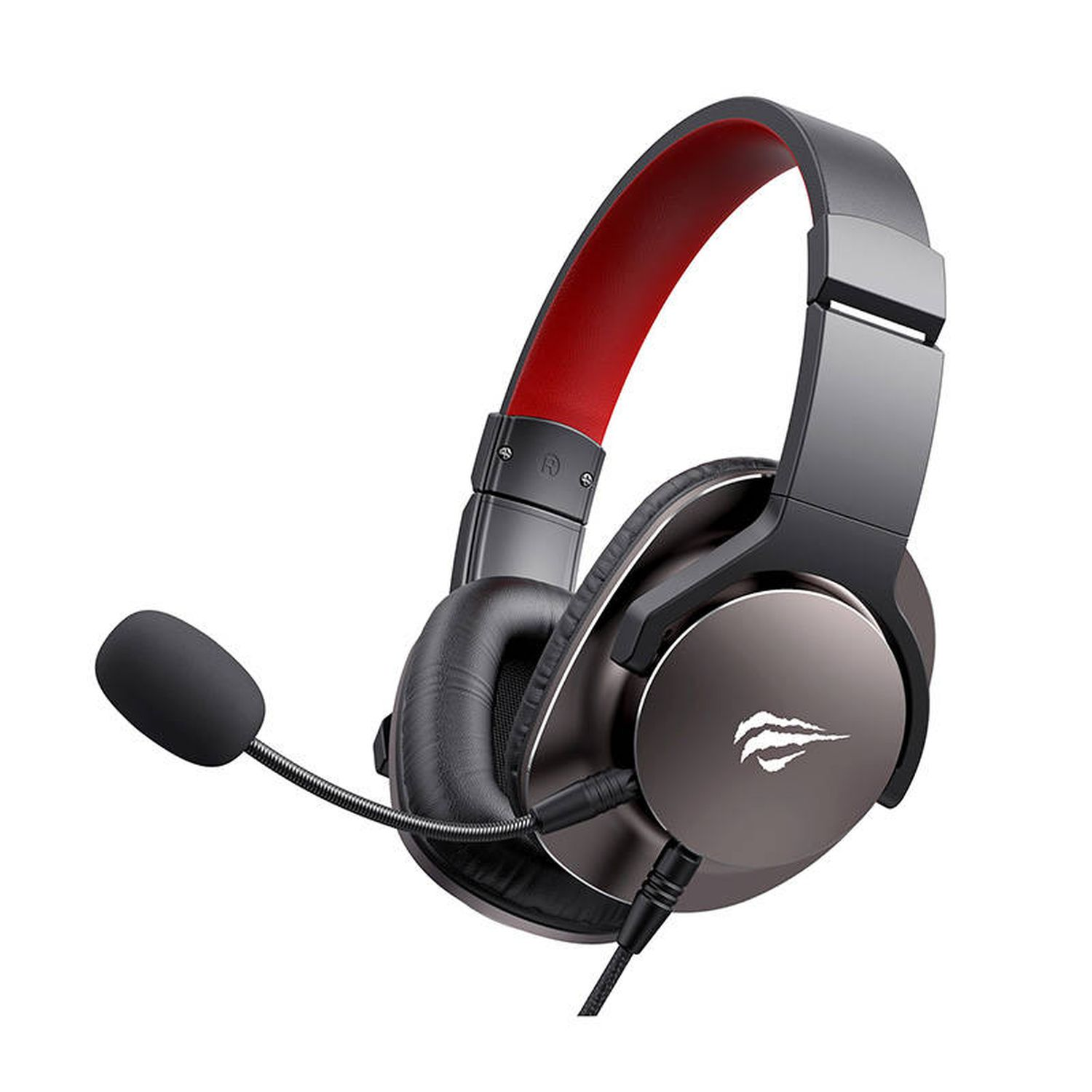 Schwarz-graues Headset mit Mikrofon und rotem Stirnband.