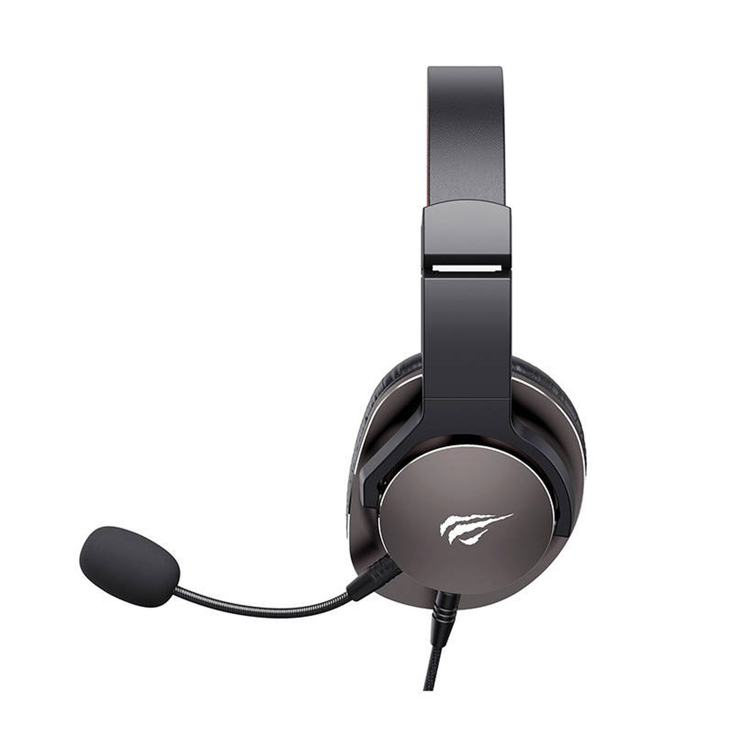 Schwarzes und graues Gaming-Headset mit Mikrofon, nach links geneigt.