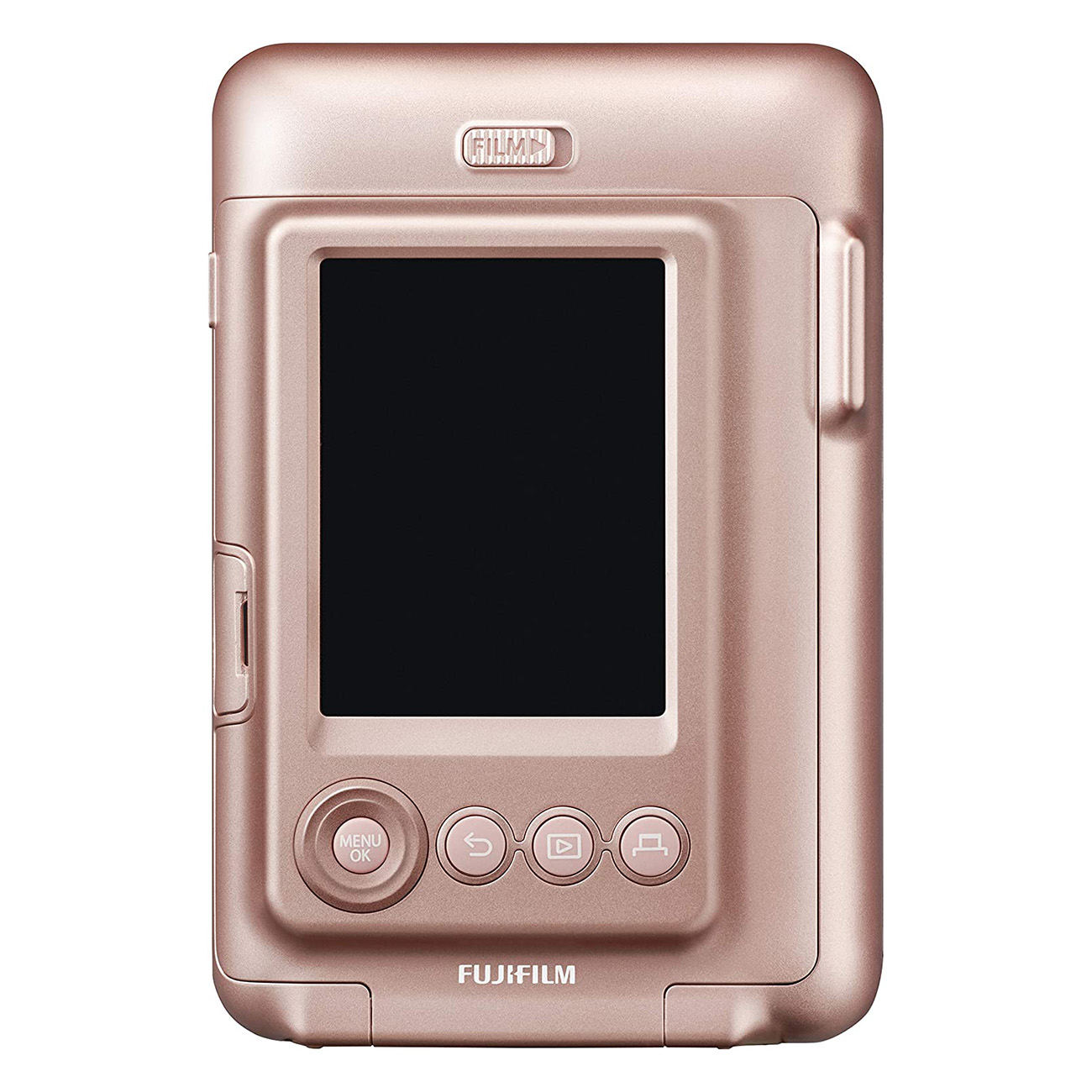 Cámara instantánea oro rosa con pantalla negra y tres botones debajo.