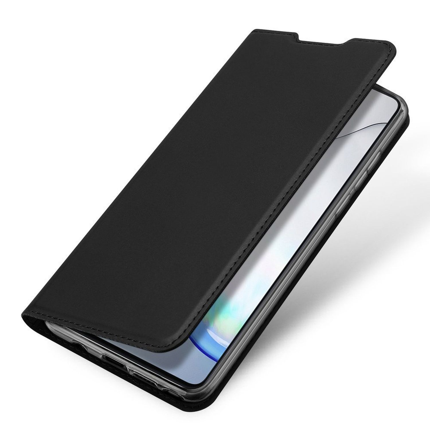 Schwarze Handyhülle, offen, zeigt das Handy. Weißer Bildschirm und schwarzer Rahmen.