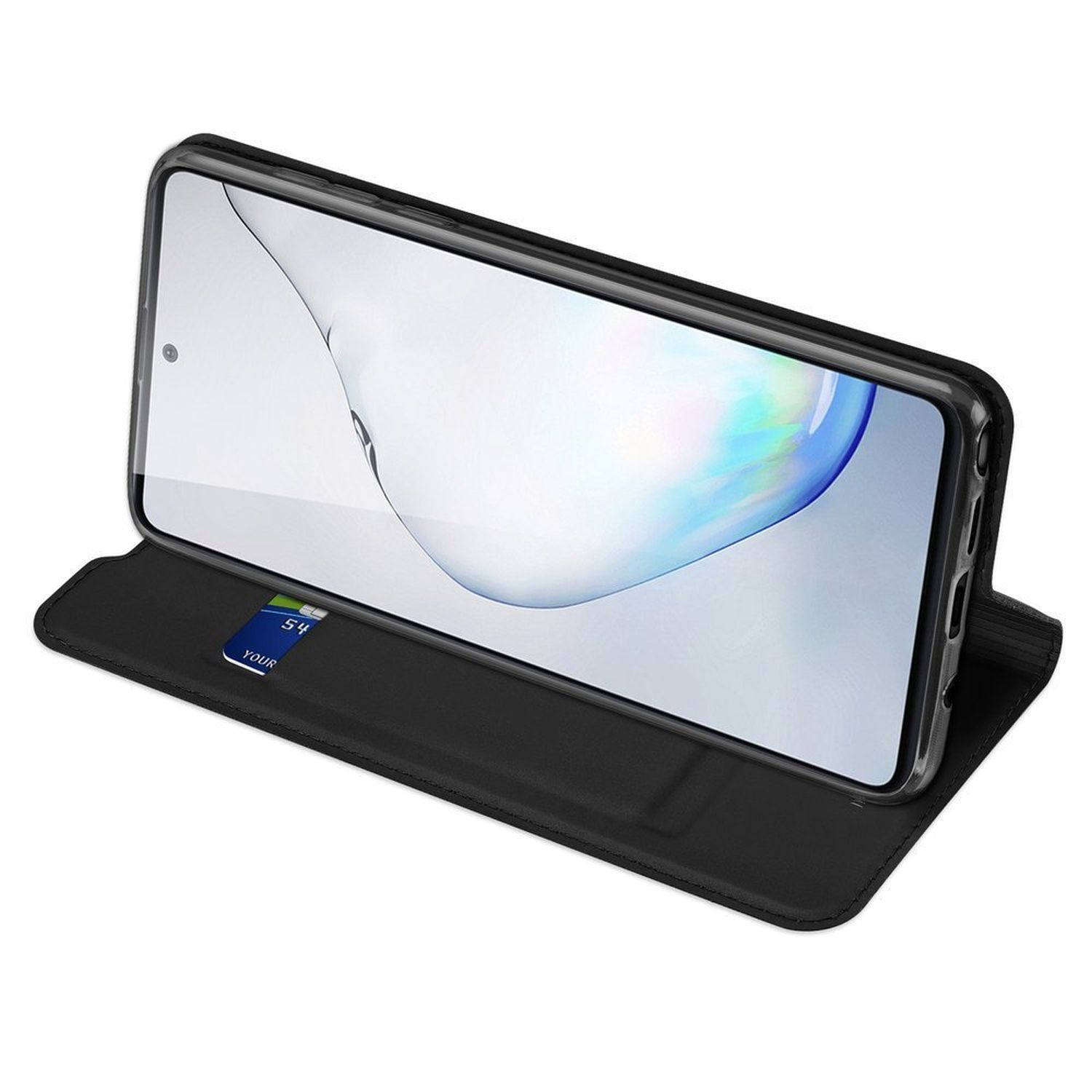 Schwarze Handyhülle mit einem Handy darin. Der Bildschirm zeigt ein blaues und weißes Bild.
