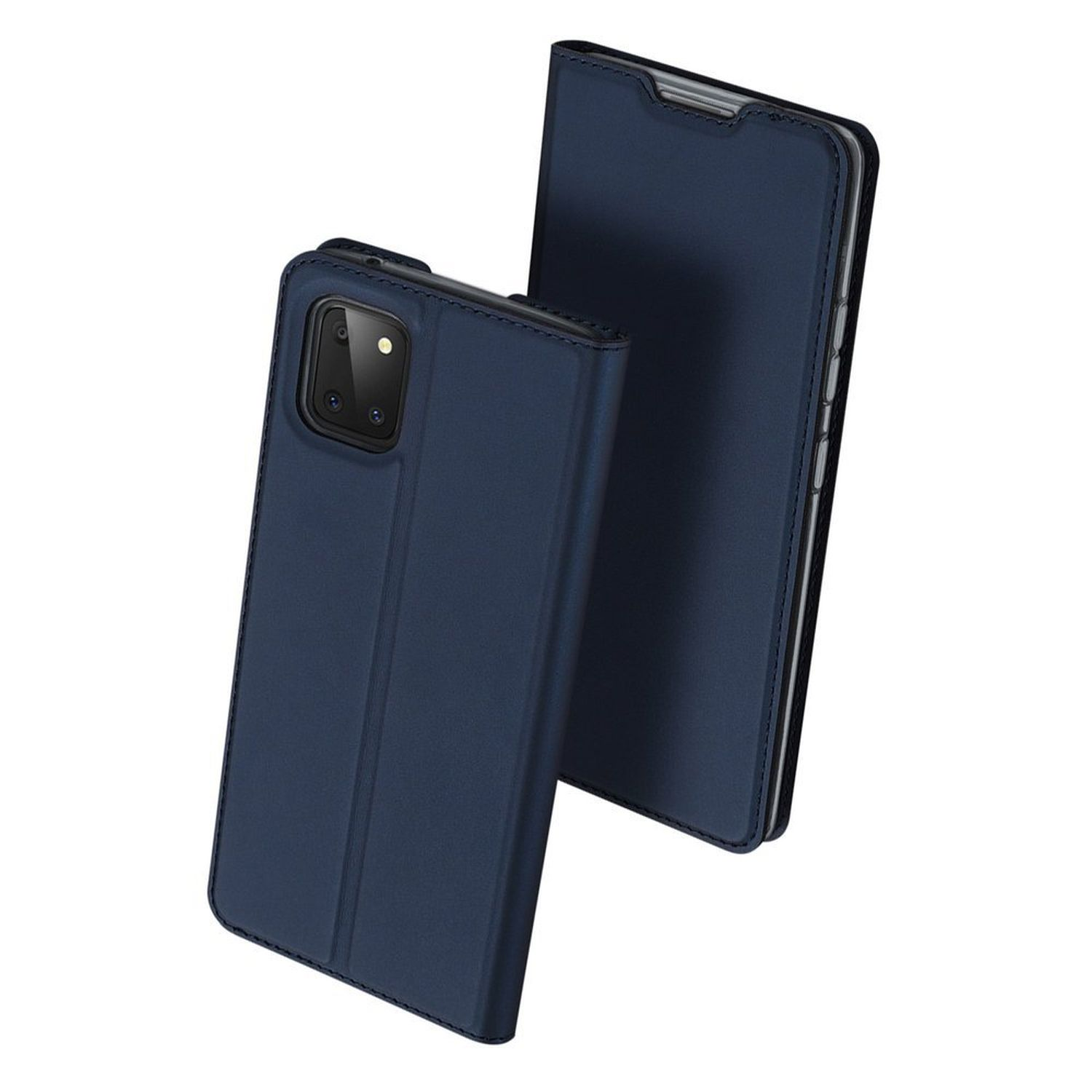 Blaue Leder-Handyhülle, offen und geschlossen, mit schwarzer Kamera.