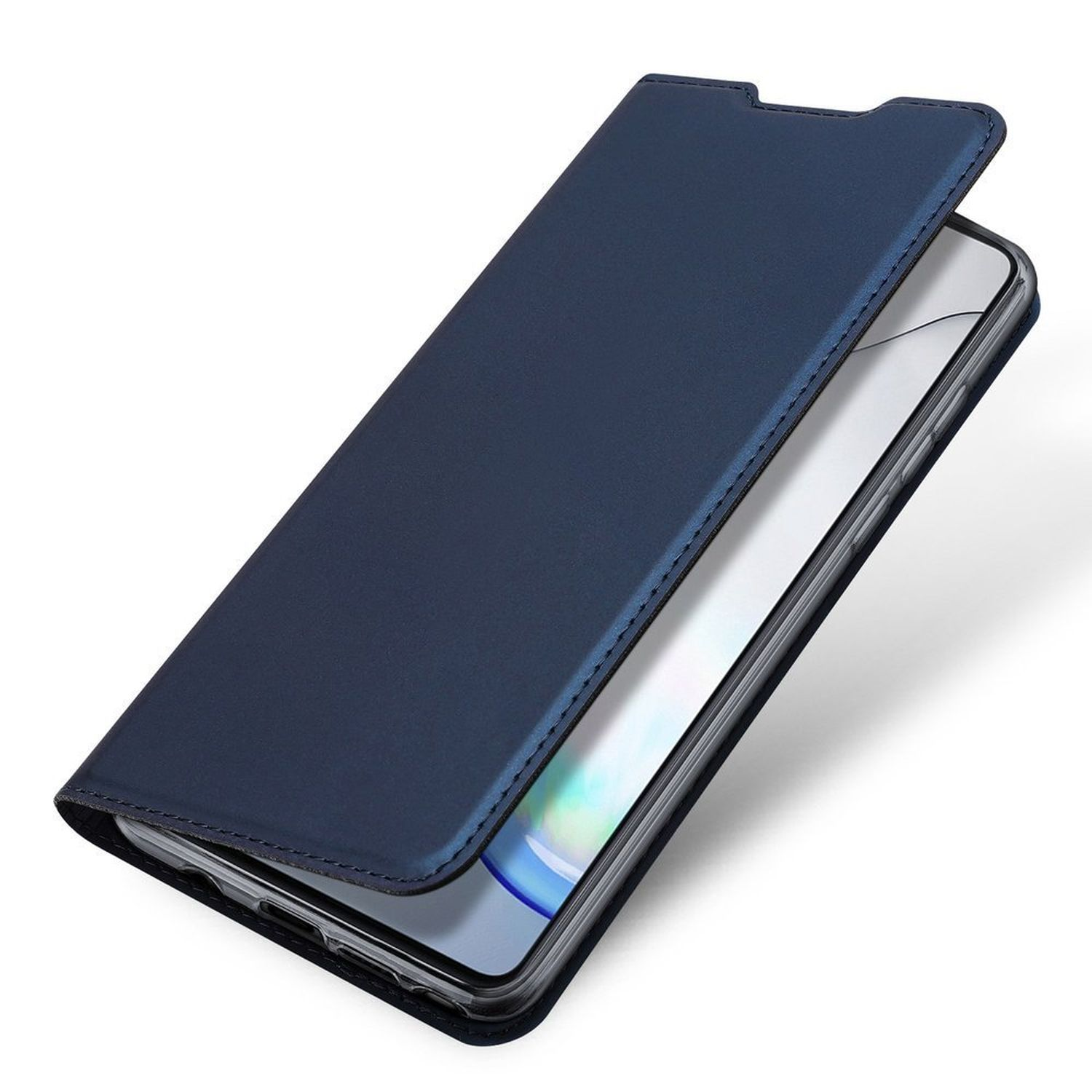 Eine blaue Handyhülle, offen, zeigt ein Telefon. Es liegt auf einer weißen Oberfläche.