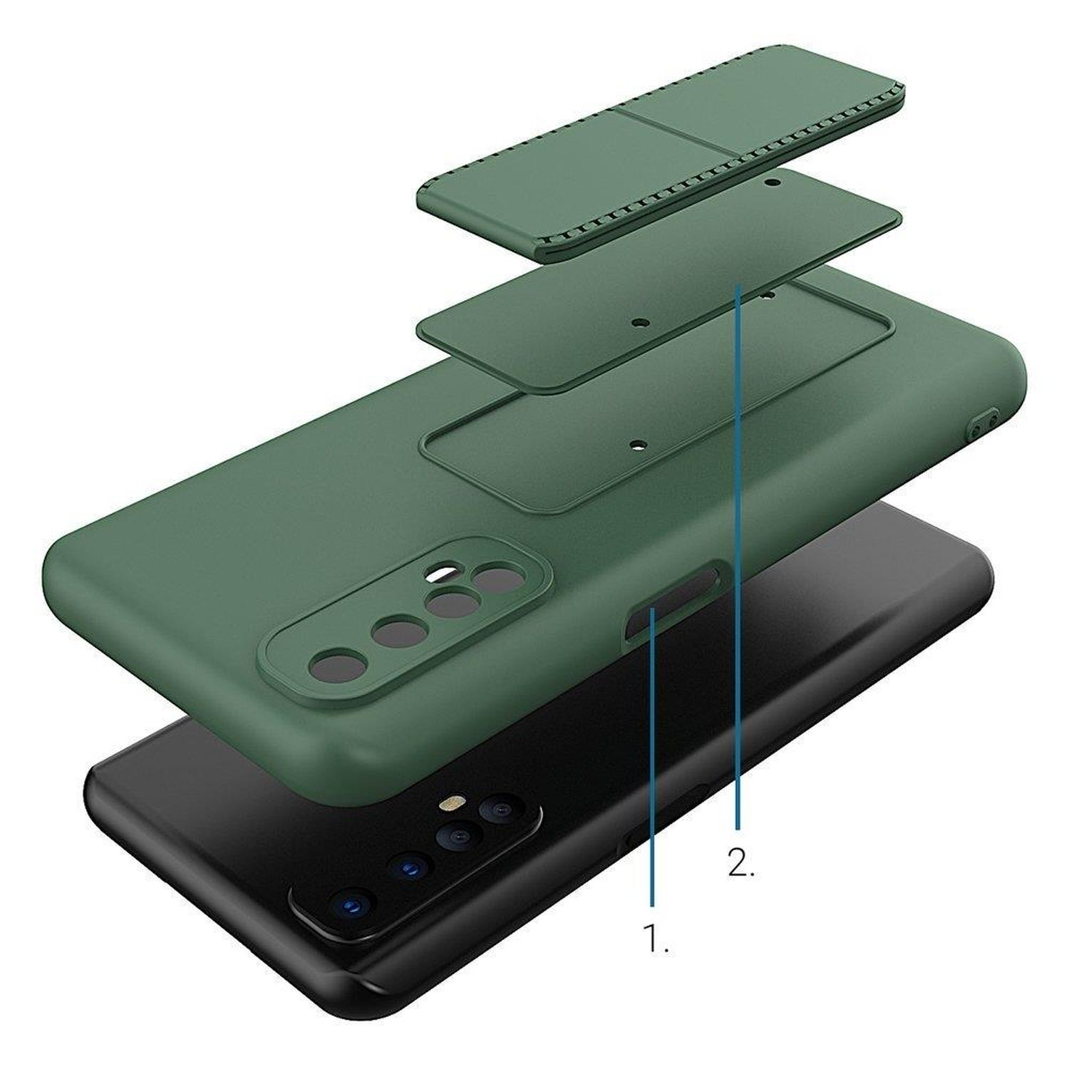 Telefon mit den Schichten einer grünen Hülle, die zusammengebaut werden, zeigt die Komponenten des Telefons.