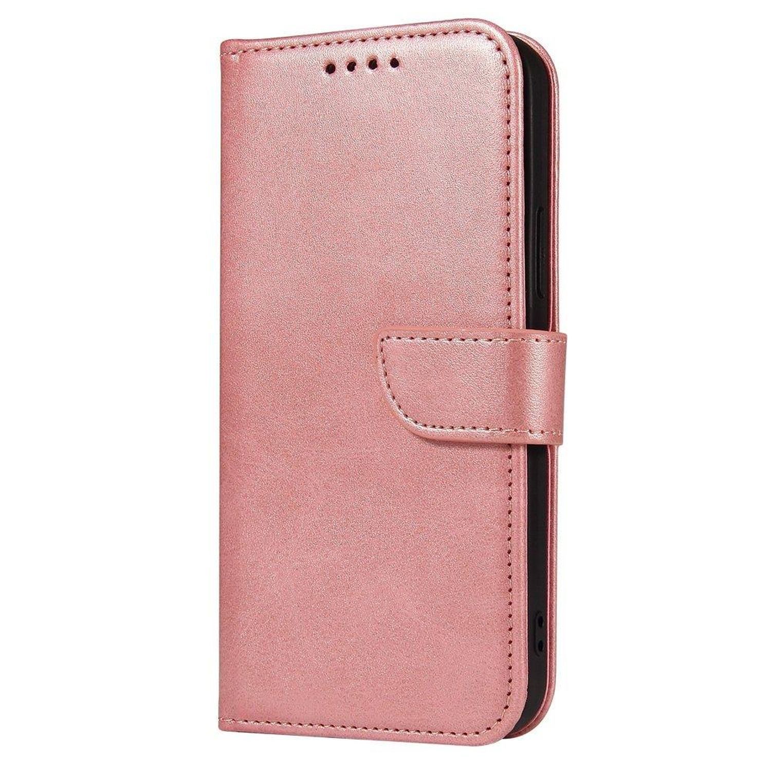 Una custodia per telefono rosa a portafoglio. Ha una chiusura magnetica e un bordo cucito.