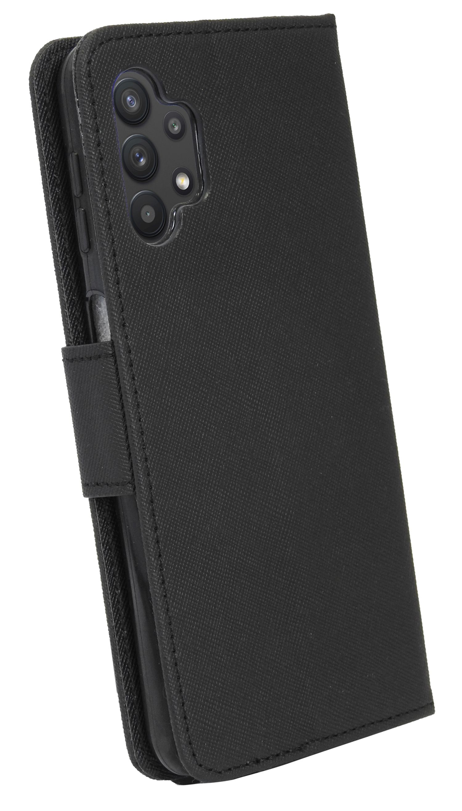 Custodia nera per telefono, aperta per rivelare un telefono nero. Ha una trama scura e una chiusura magnetica.