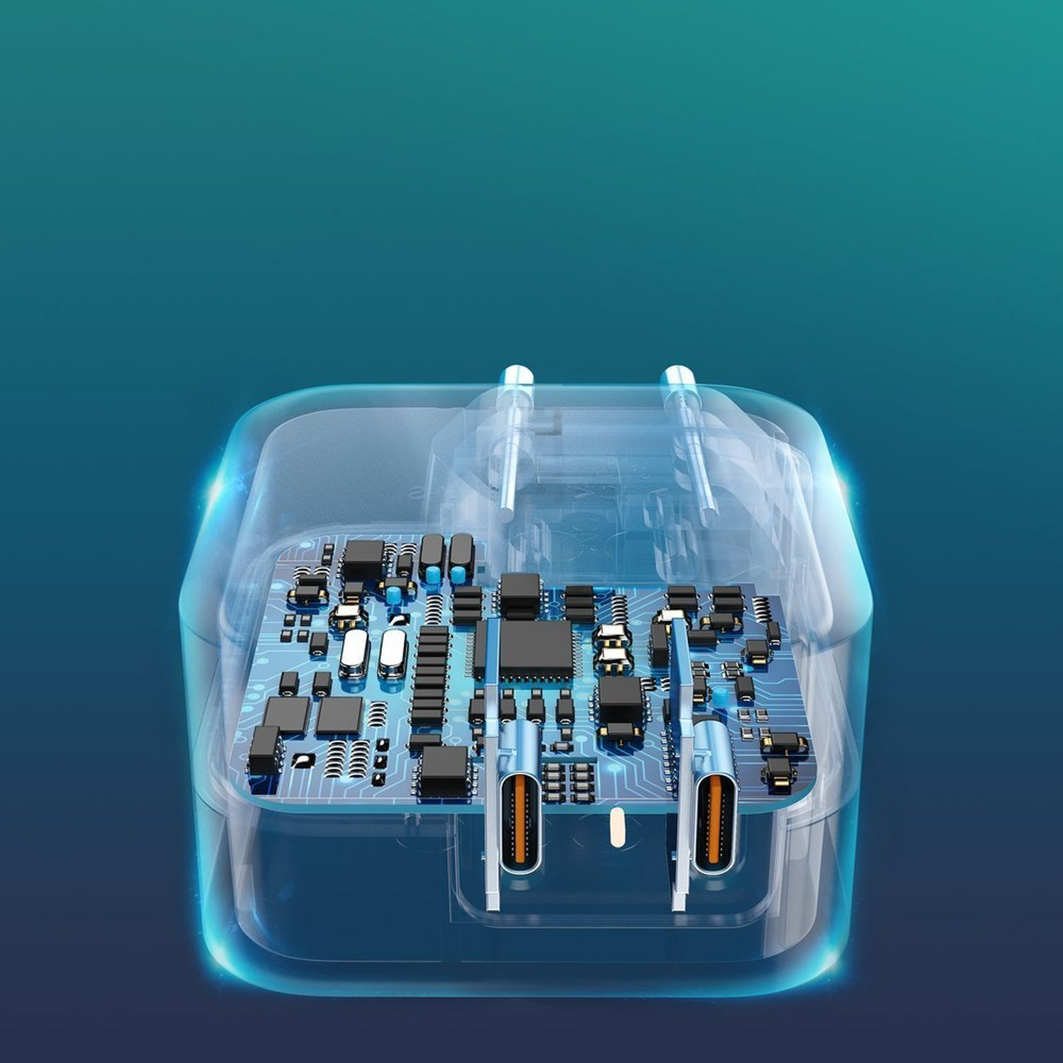 Transparenter Ladegerät mit einer Leiterplatte im Inneren, blauem Hintergrund, USB-C-Anschlüssen sichtbar.