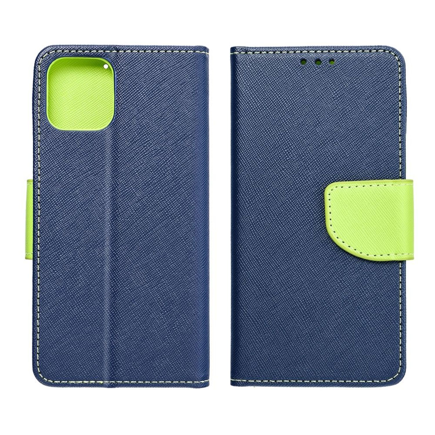 Custodia blu navy con dettagli verde lime. Aperta a sinistra, chiusa a destra. Cuciture bianche sui bordi.