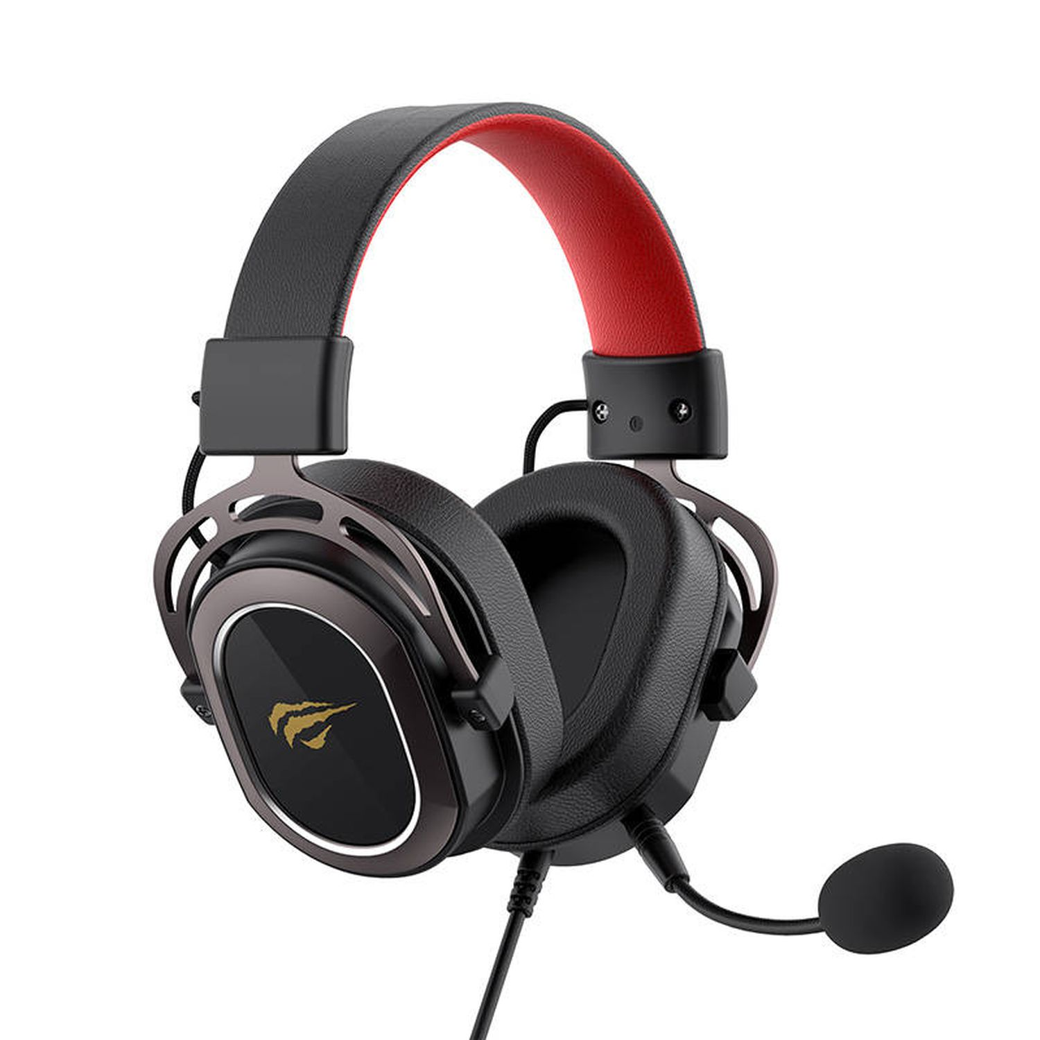 Schwarze Gaming-Kopfhörer mit Mikrofon, roter Innenraum am Kopfband und goldenem Logo auf den Ohrmuscheln.