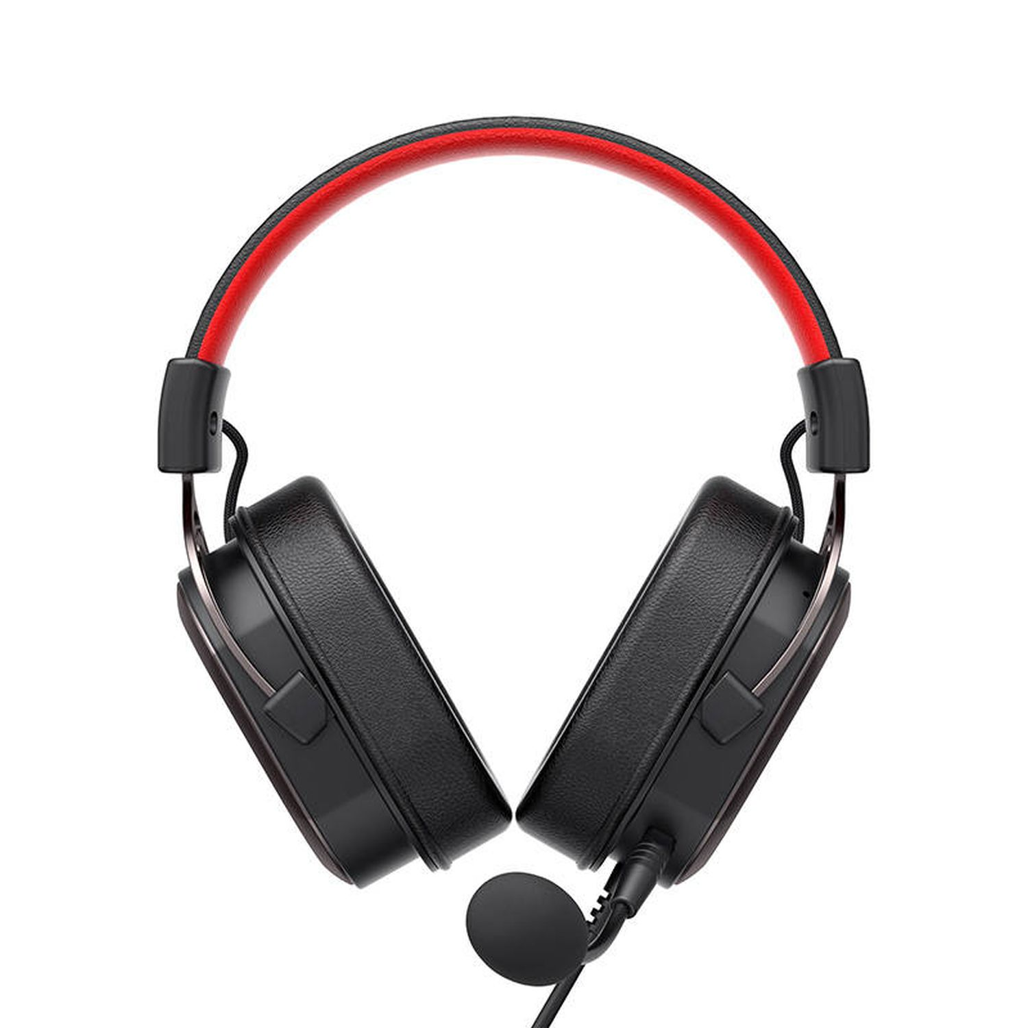 Schwarzes und rotes Gaming-Headset, Draufsicht. Verfügt über ein Mikrofon und gepolsterte Ohrmuscheln.