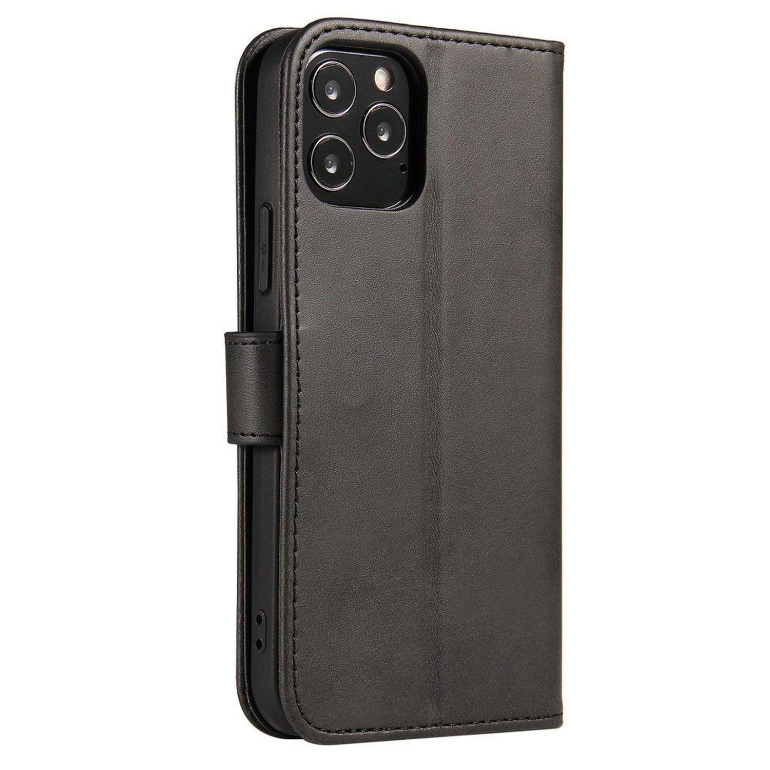 Eine schwarze Handyhülle mit einem Telefon darin. Die Hülle ist geschlossen. Das Telefon hat 3 Kameras.