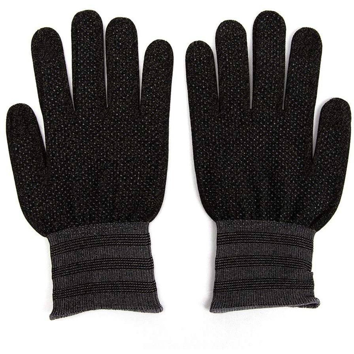 Ein Paar schwarze Handschuhe mit strukturierter Oberfläche und gerippten Bündchen. Die Handschuhe liegen flach.