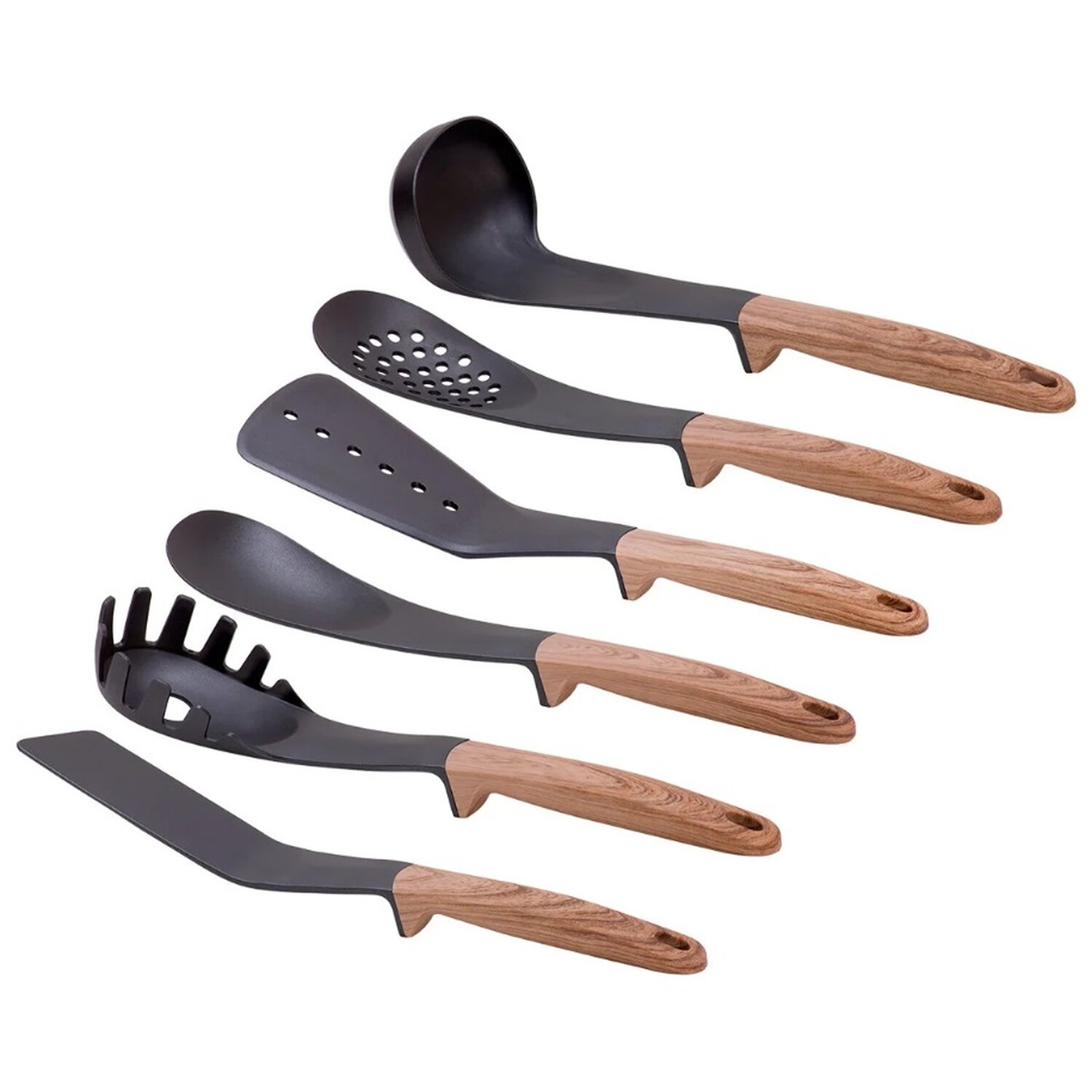 Set schwarzer Küchenutensilien mit Holzgriffen. Enthält Schöpflöffel, Schöpflöffel und Pfannenwender.