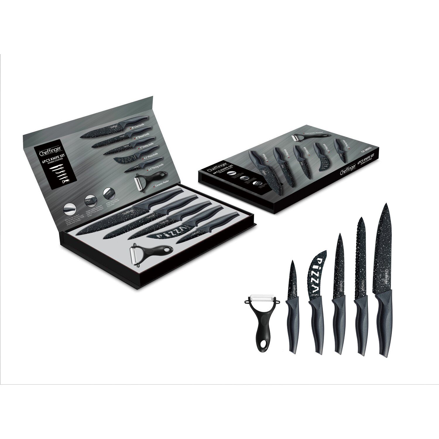 Set schwarzer Küchenmesser in einer Box. Es gibt auch einen Sparschäler im Set.