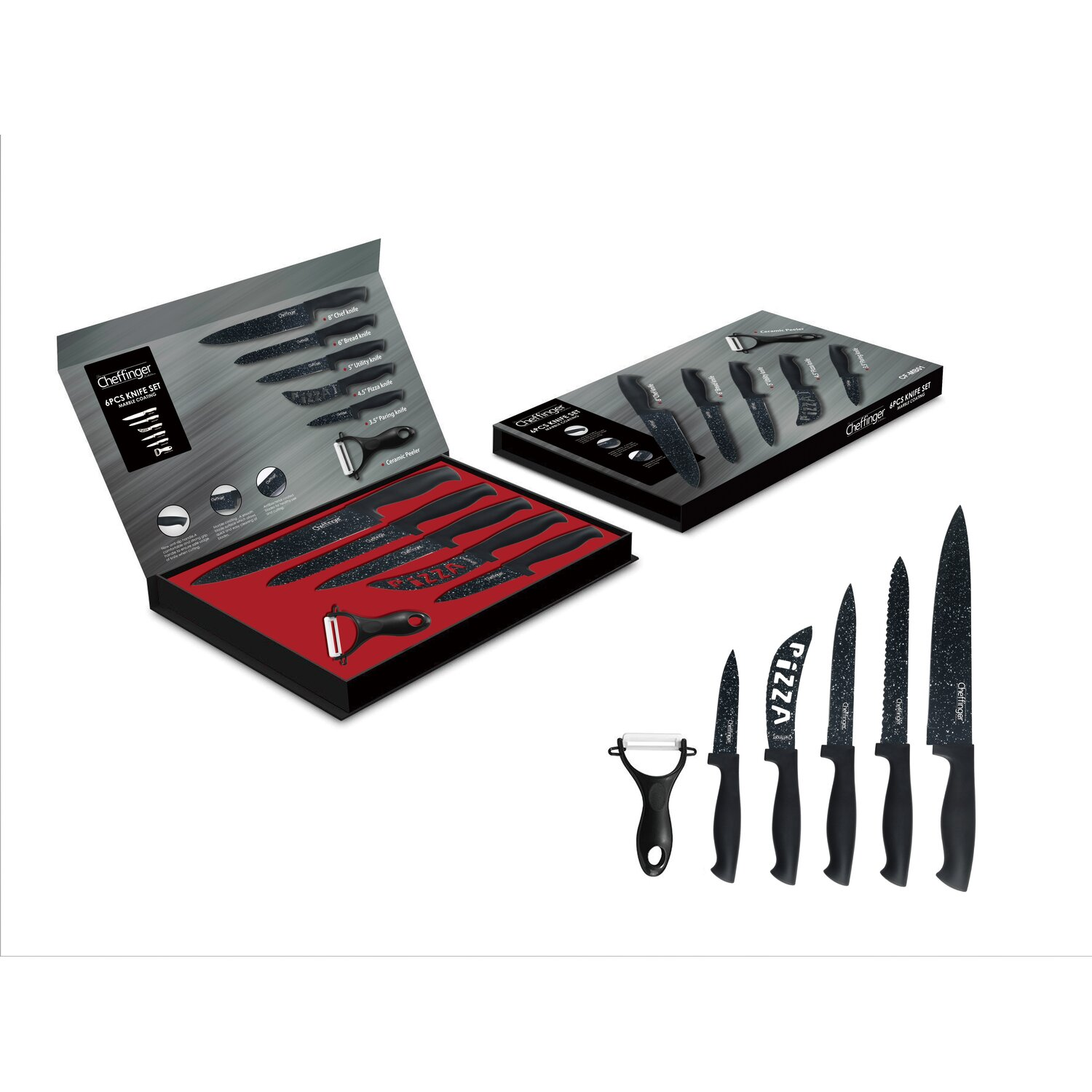 Ein Set schwarzer Küchenmesser mit einem Sparschäler in einer Box und separat.
