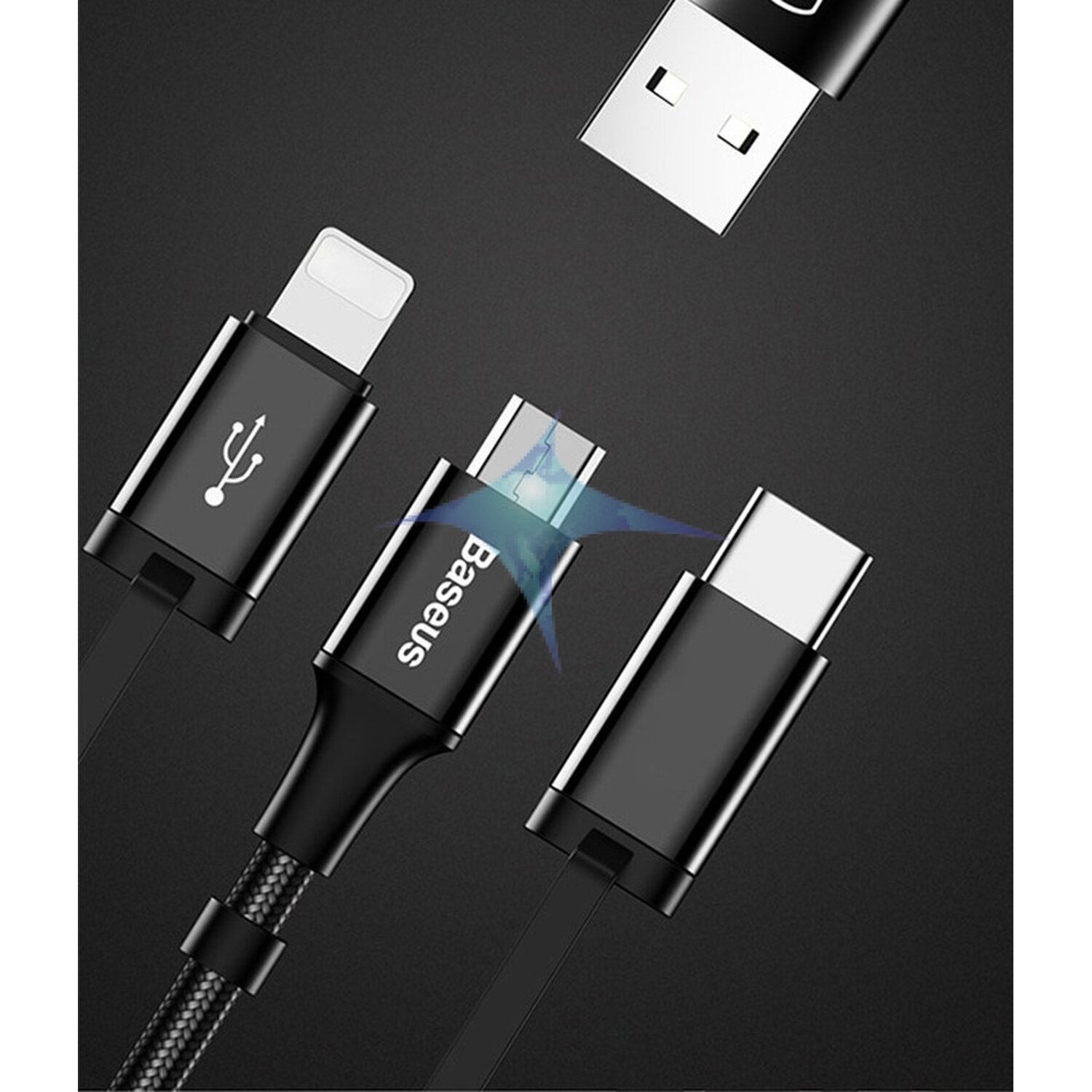 Schwarze Baseus-Ladekabel mit USB-, Lightning- und USB-C-Anschlüssen, mit dunklem Hintergrund.