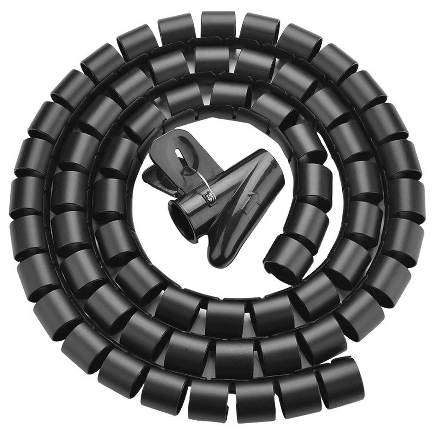 Un organizzatore di cavi a spirale nero con una clip nera.