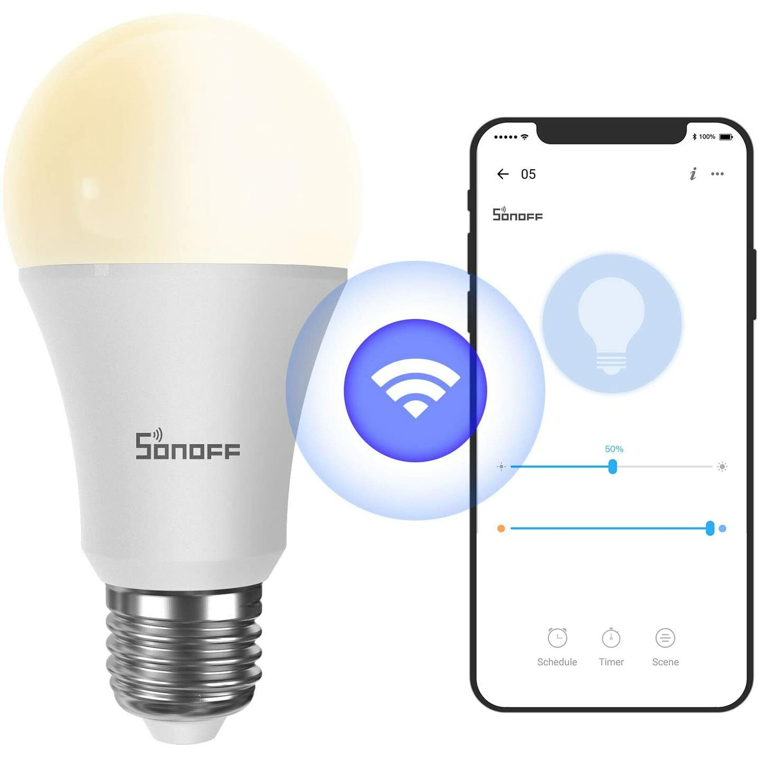 Inteligentna żarówka z telefonem pokazującym aplikację kontrolną i ikoną Wi-Fi.