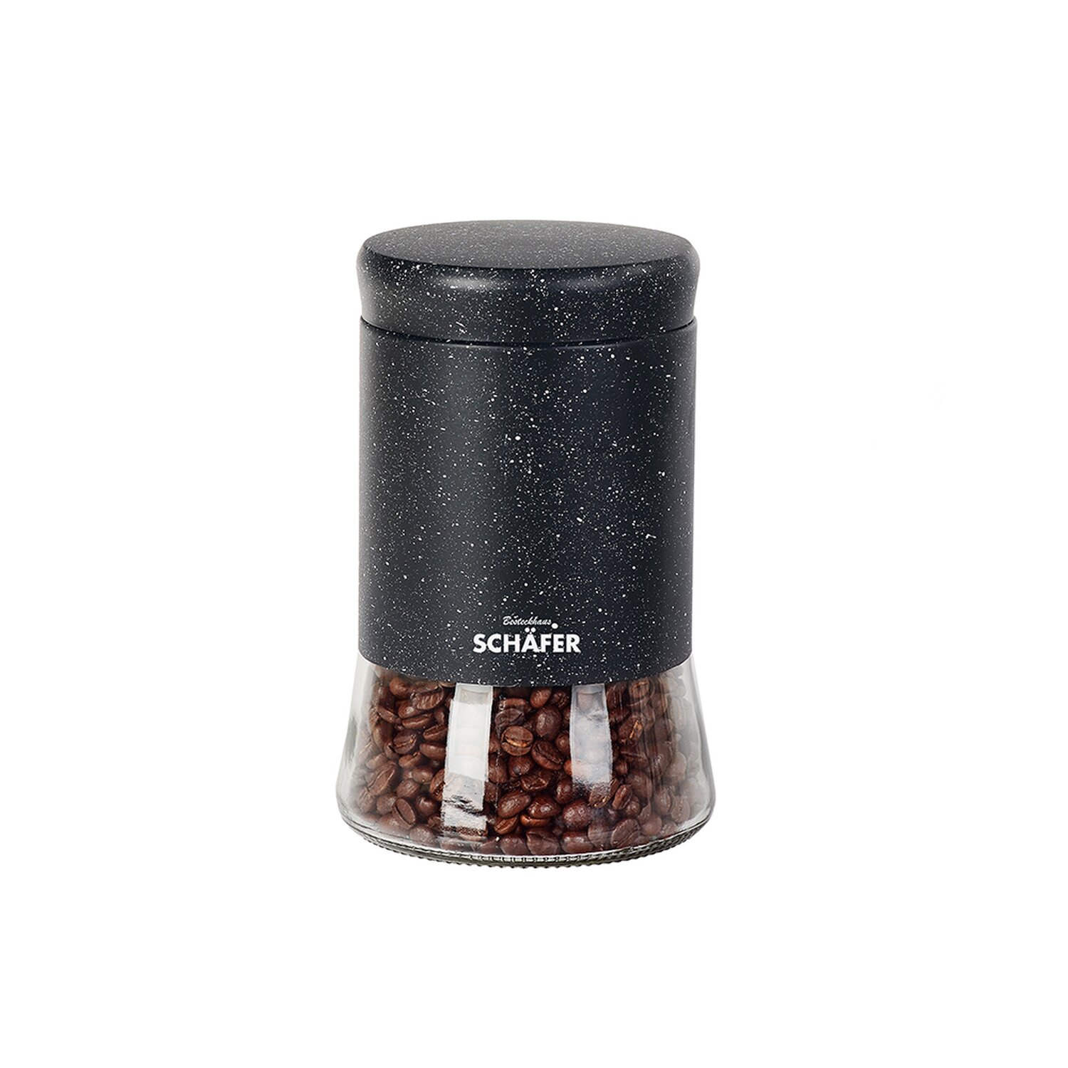 Schwarze und gläserne Kaffeemühle mit sichtbaren Kaffeebohnen. Der Markenname ist SCHÄFER.