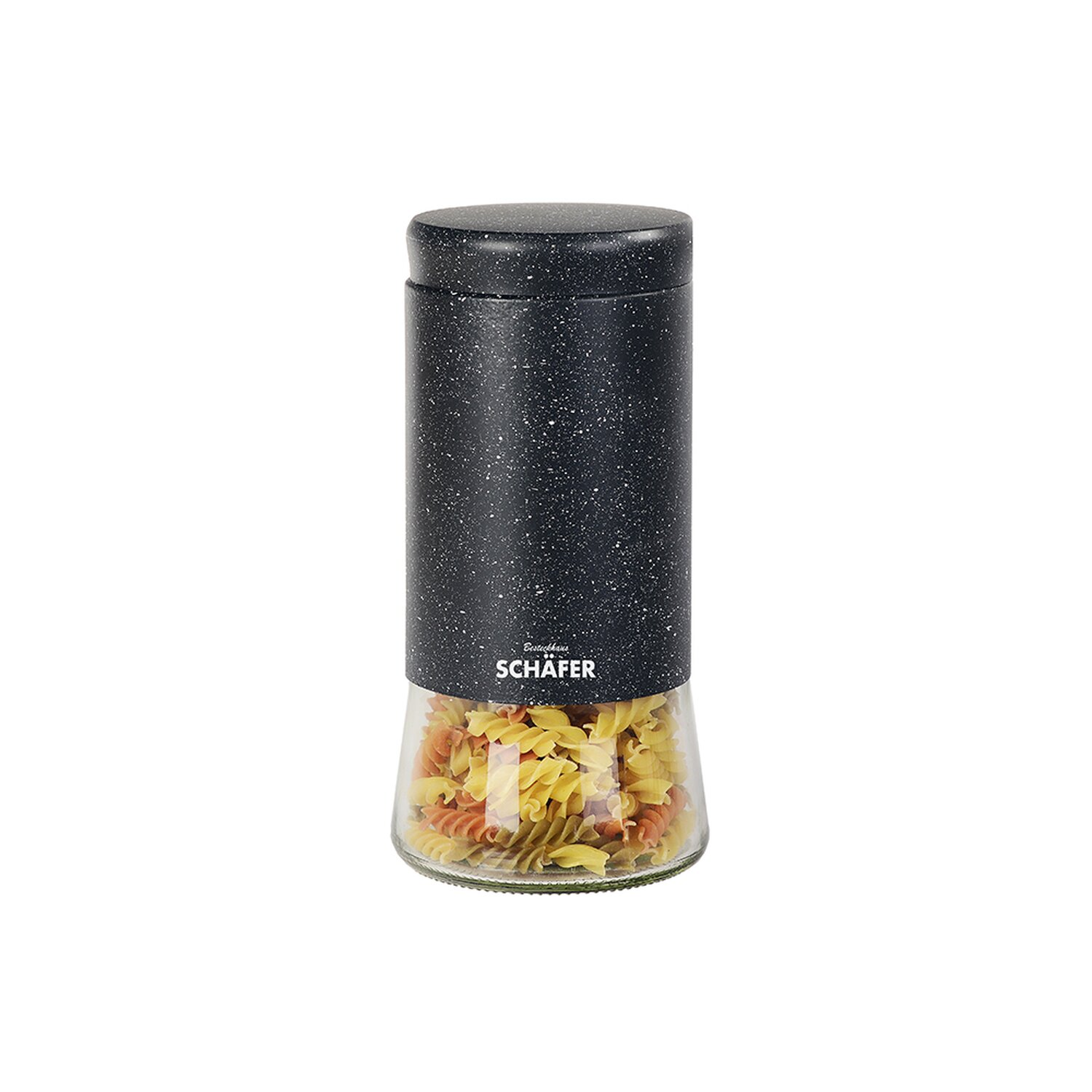 Ein schwarzer und gläserner Behälter mit Pasta darin und einem schwarzen Deckel.