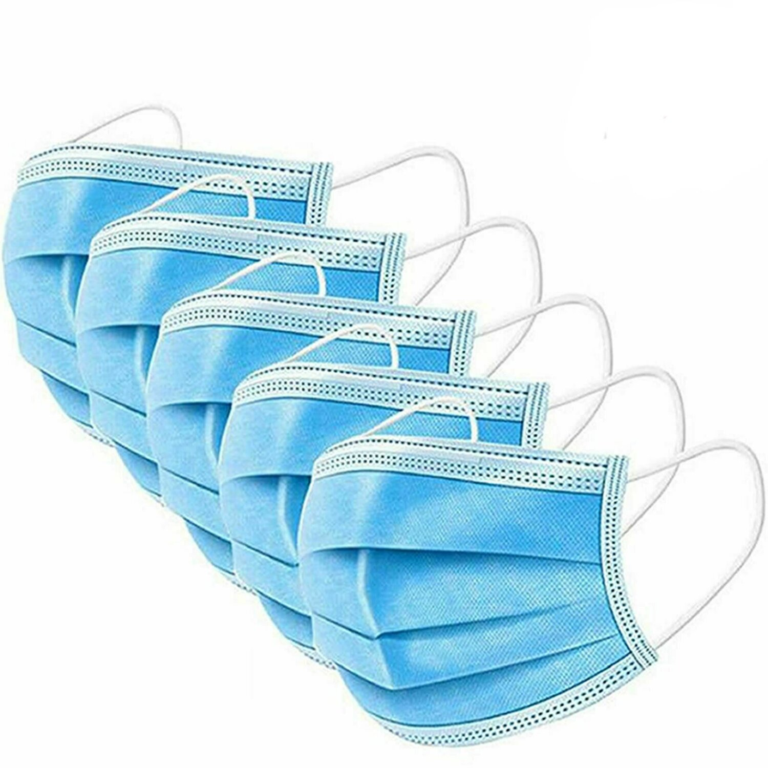 Fünf blaue Gesichtsmasken diagonal angeordnet. Weiße Ohrschlaufen und Nähte sind sichtbar.