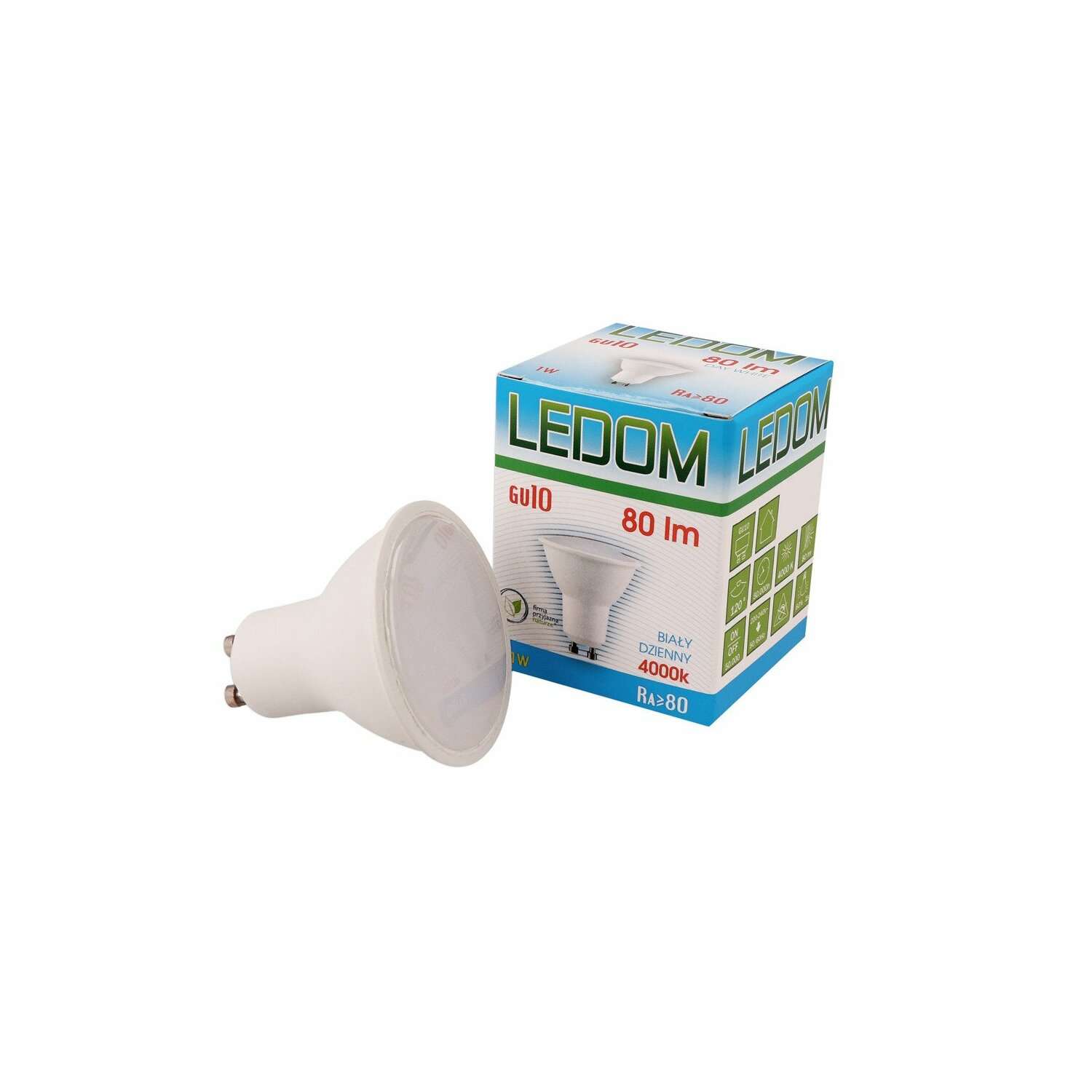 LEDOM-Glühbirne mit Box, weiß, GU10, 80lm und eine weiße Box.
