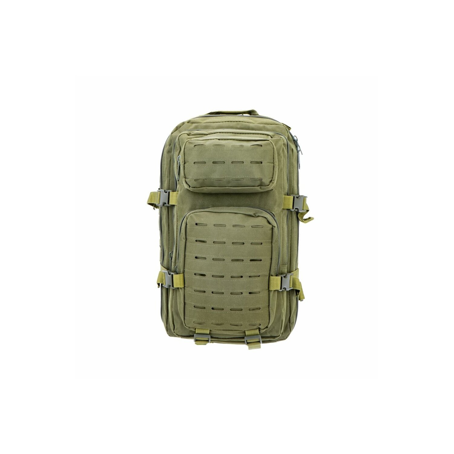 Grüner taktischer Rucksack mit mehreren Taschen und Riemen, auf weißem Hintergrund.
