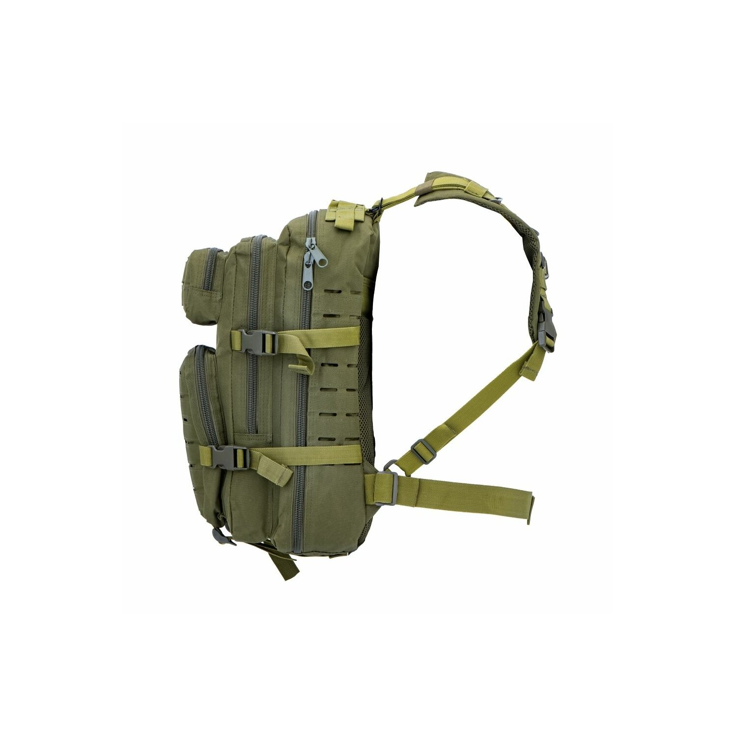Grüner Rucksack im Militärstil mit mehreren Taschen.
