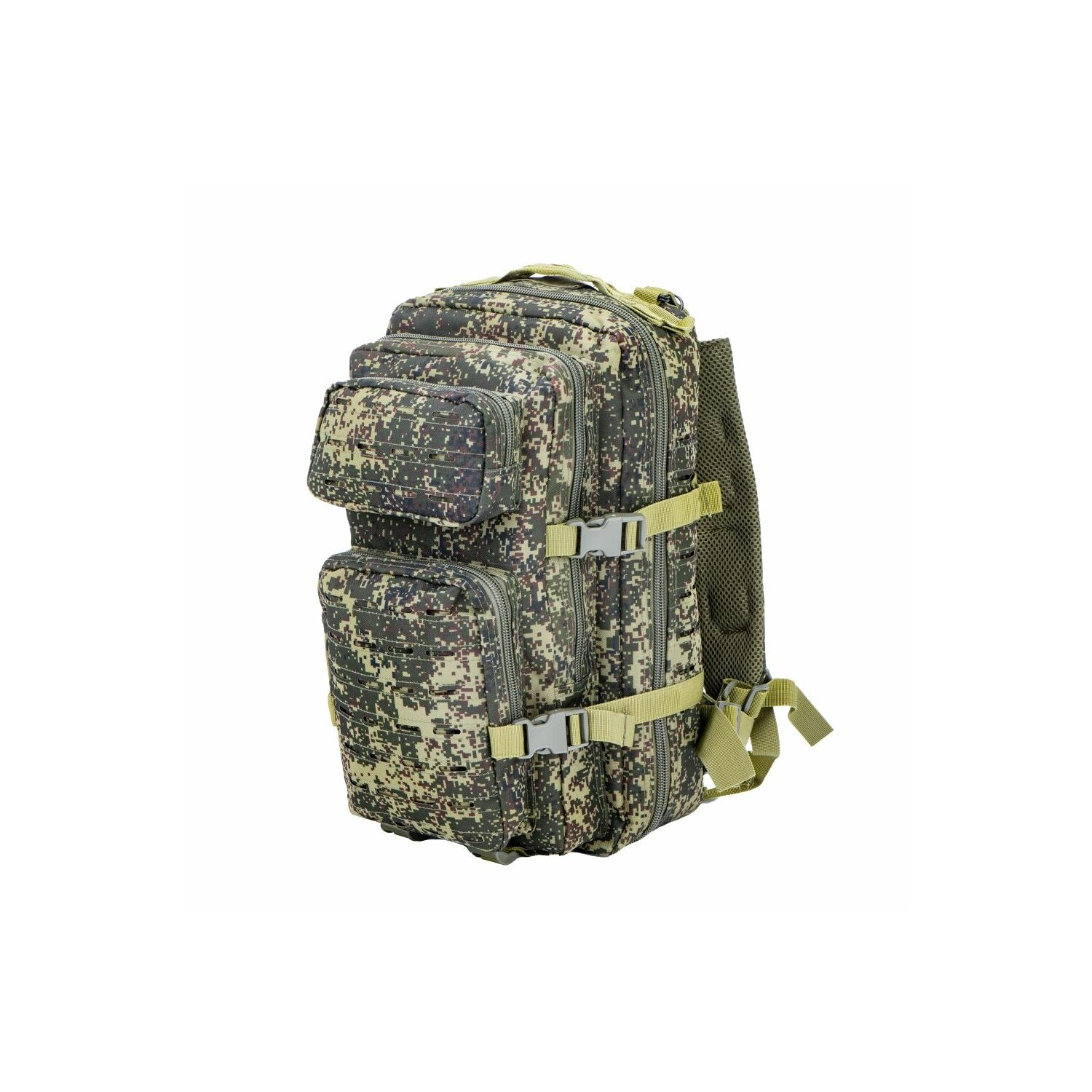 Tarnrucksack mit mehreren Taschen und Riemen, auf weißem Hintergrund.