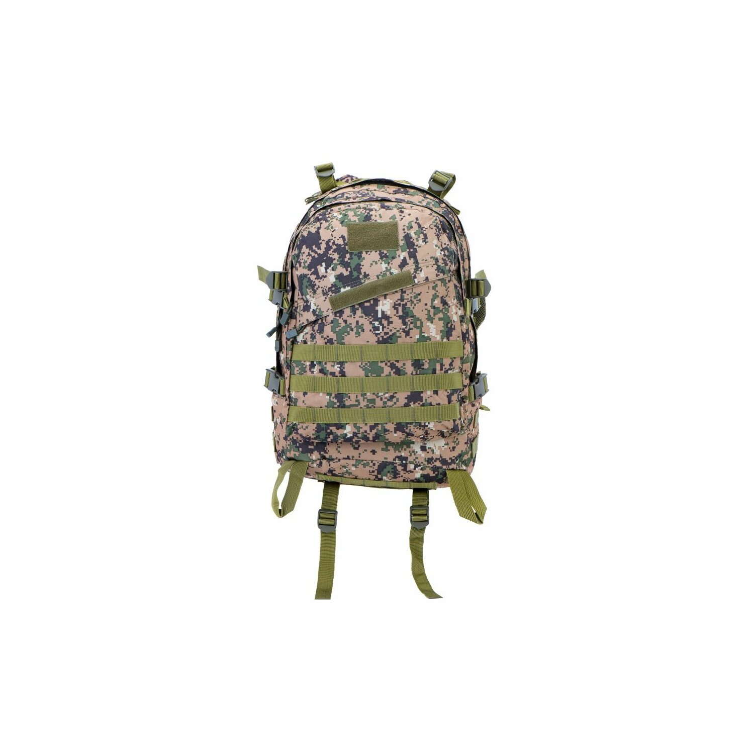 Tarnrucksack mit mehreren Gurten und Taschen. Isoliert auf weißem Hintergrund.