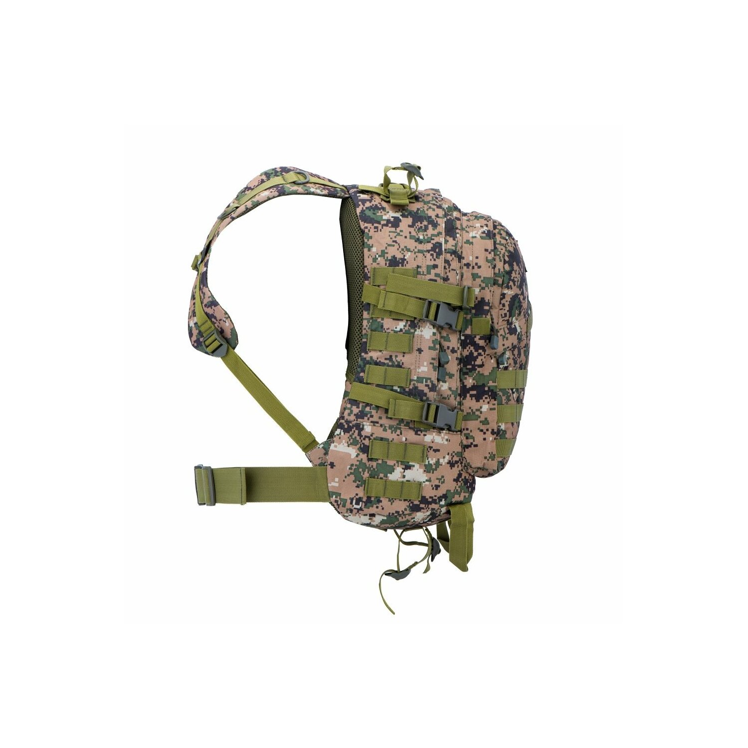 Tarnrucksack mit mehreren Riemen und Fächern, Seitenansicht.