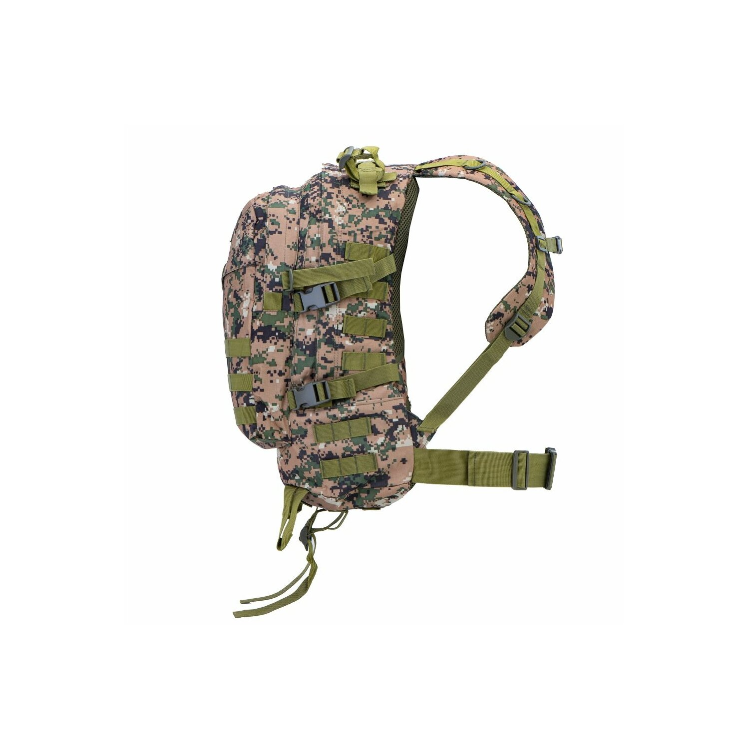 Tarnmuster-Rucksack mit mehreren Fächern, vor weißem Hintergrund.