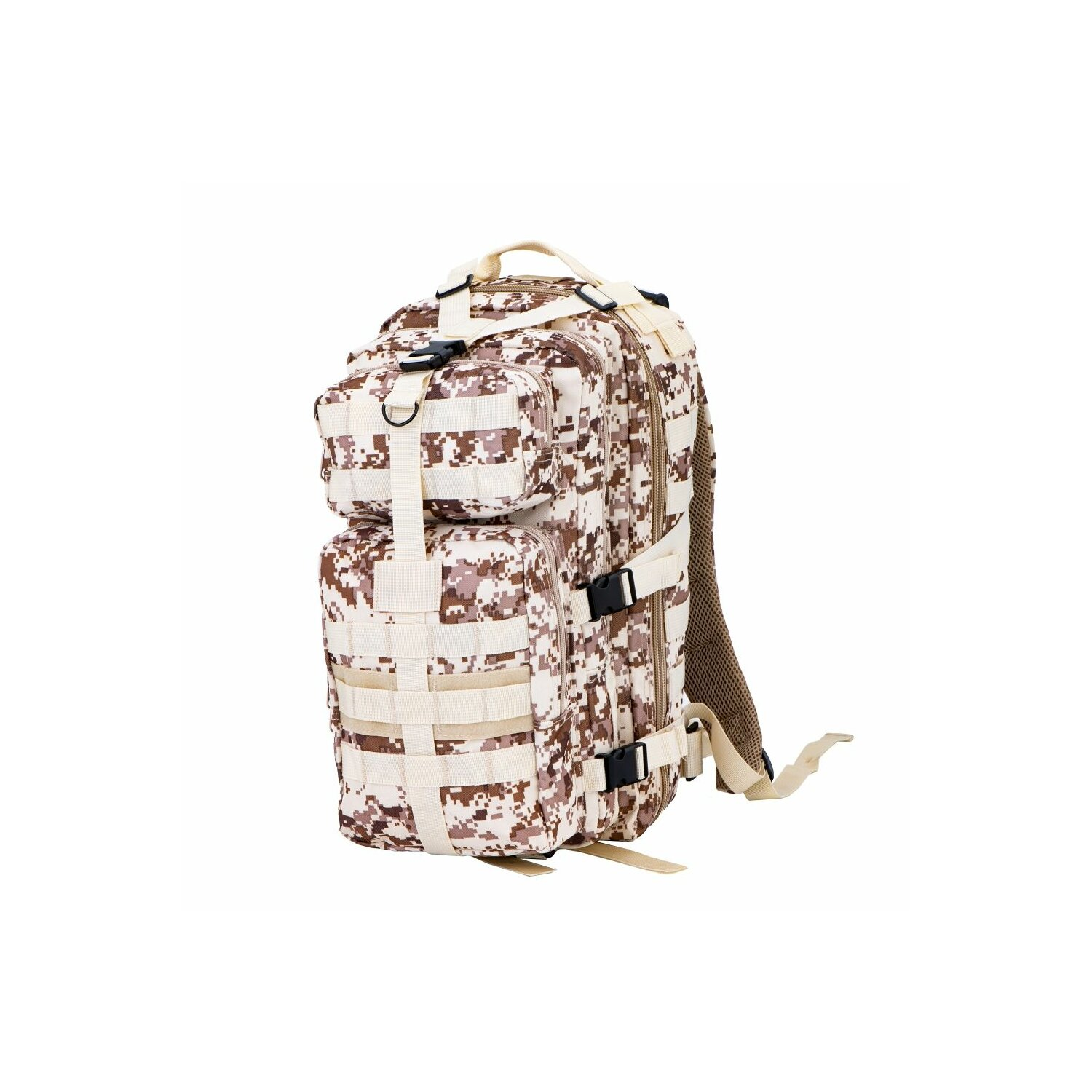 Ein taktischer Rucksack mit Wüsten-Tarnmuster, mit mehreren Taschen und Riemen.