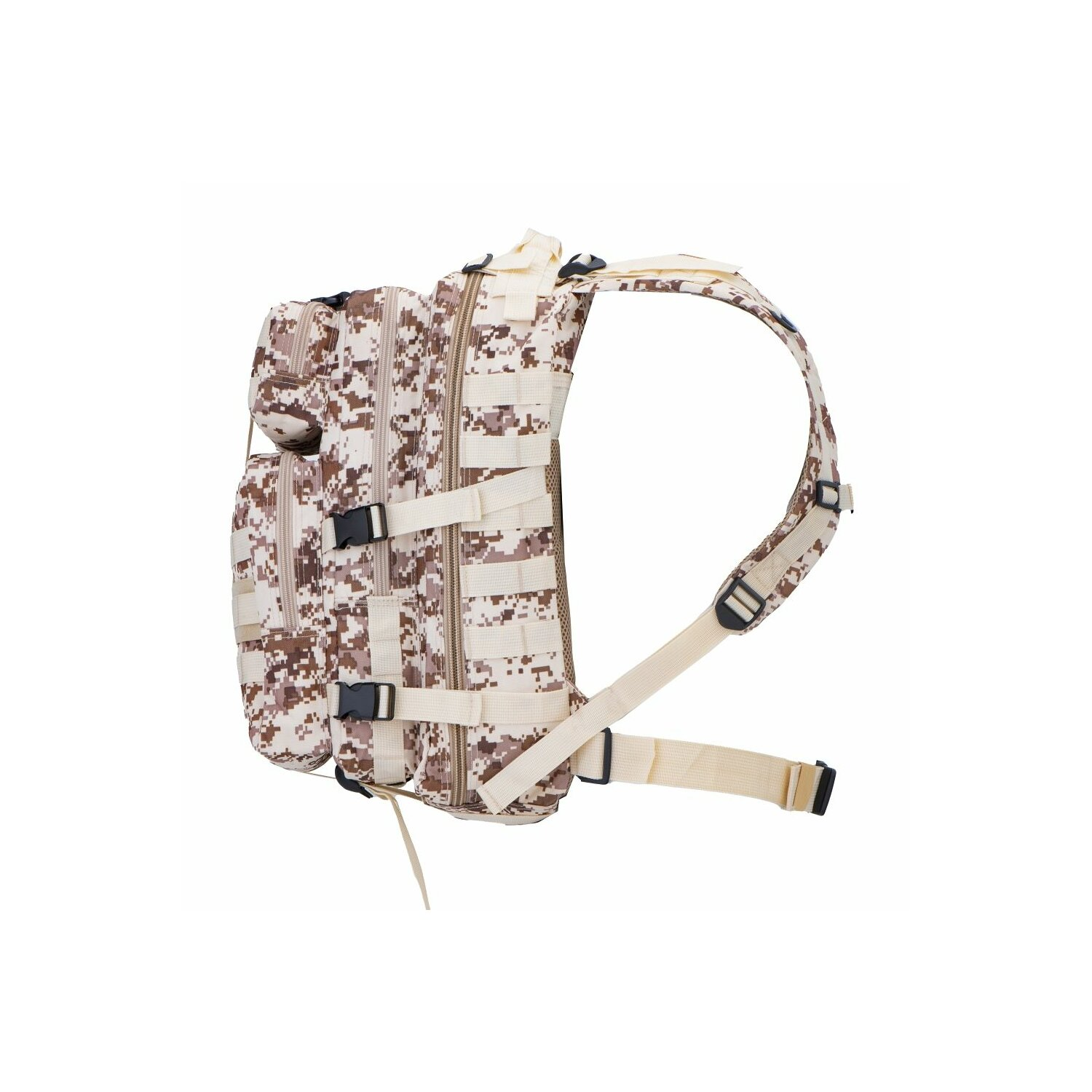 Tarnrucksack mit mehreren Fächern und Riemen, schräge Seitenansicht.