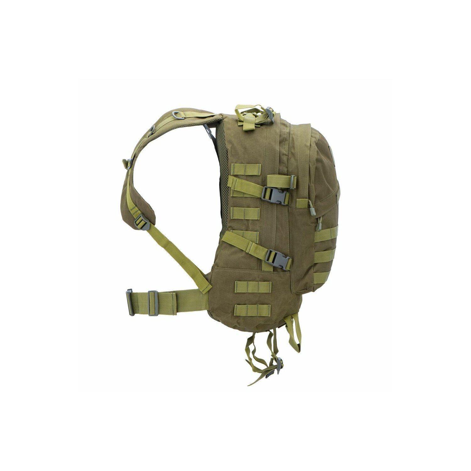 Grüner Rucksack mit mehreren Riemen und Fächern, Seitenansicht.