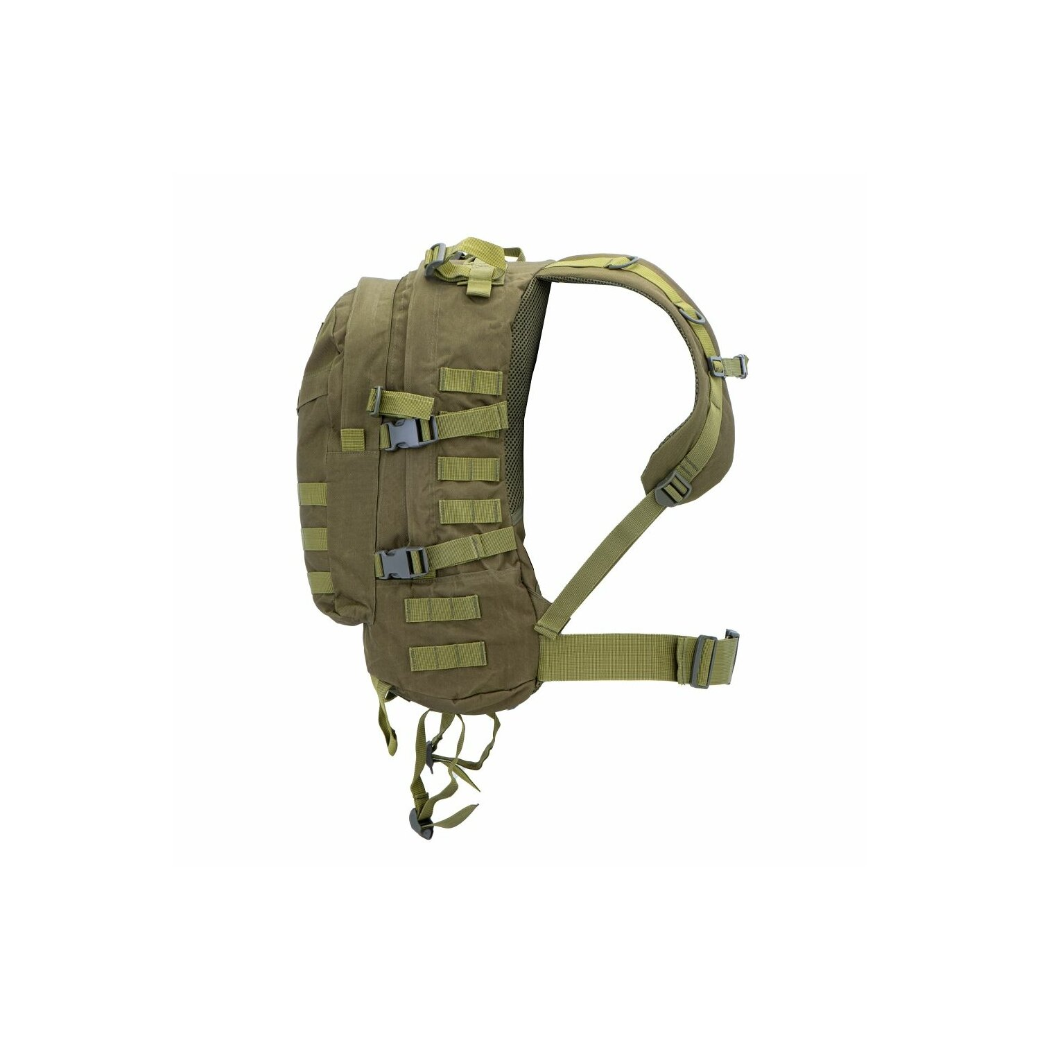 Grüner Militärrucksack mit mehreren Riemen und Schnallen. Sichtbare Seitenansicht.