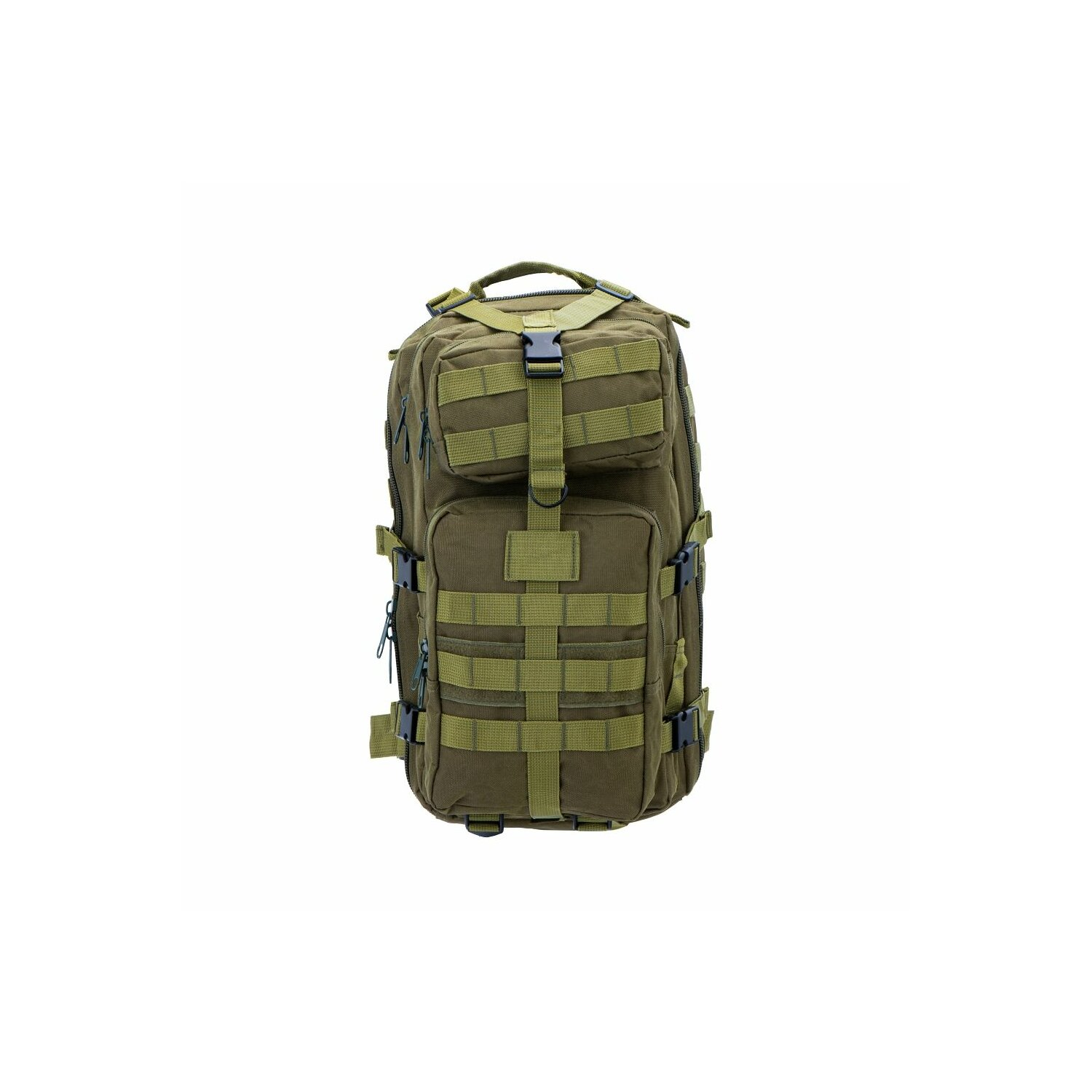 Ein olivgrüner taktischer Rucksack mit mehreren Fächern und Gurten, isoliert.