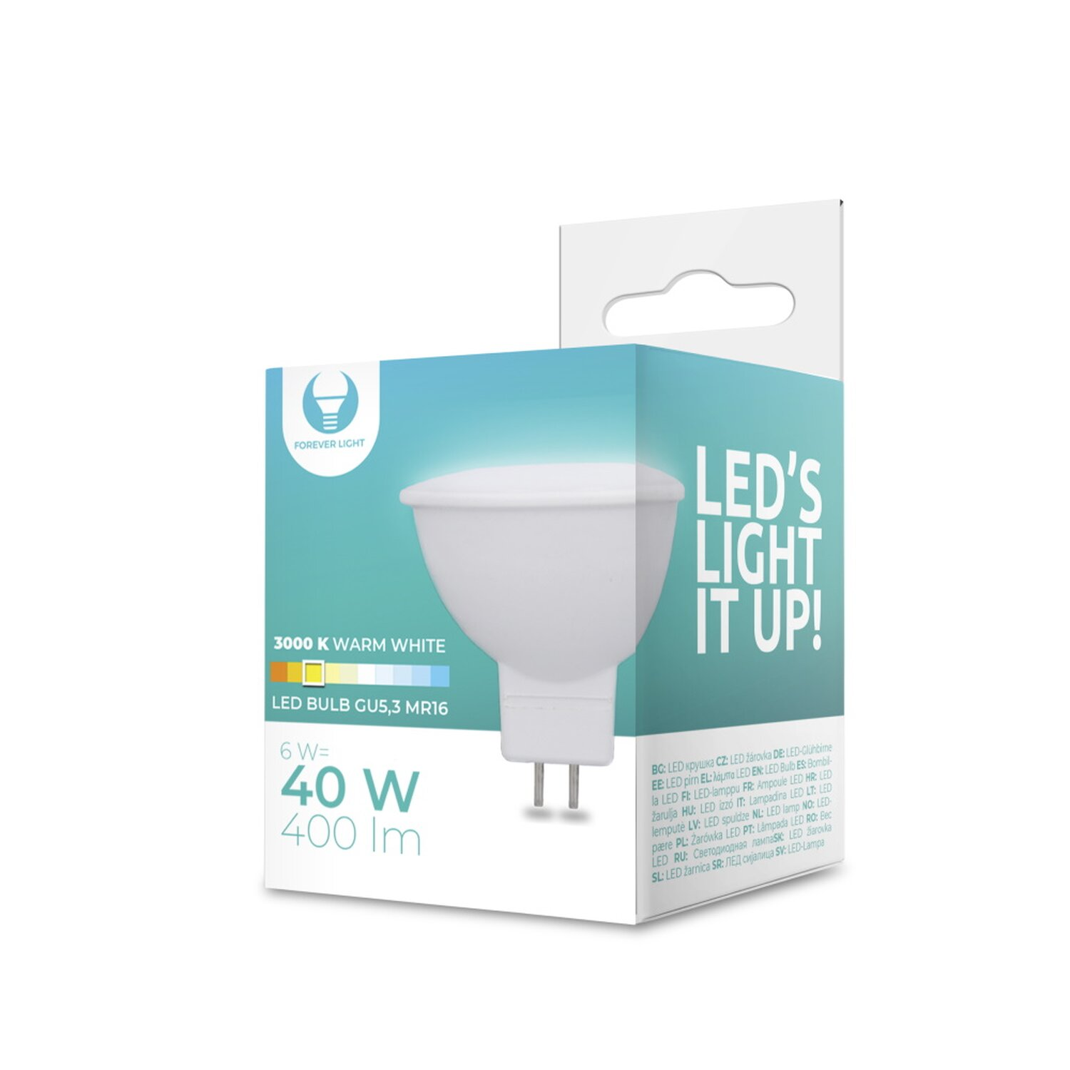 Weiße Schachtel mit einer LED-Glühbirne. Die Schachtel hat Text und Bilder. Die Glühbirne ist 40W und 400 lm.