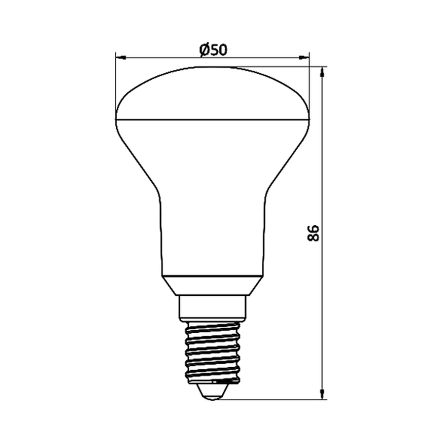 Diagramm einer weißen LED-Glühbirne mit Abmessungen in mm. Sie hat eine bauchige Oberseite und einen Schraubsockel.
