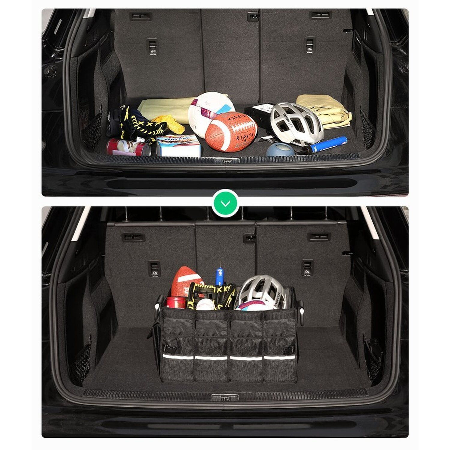 Kofferraum vor und nach der Organisation. Oben: Unorganisiert. Unten: Organisiert mit Aufbewahrungsbox.